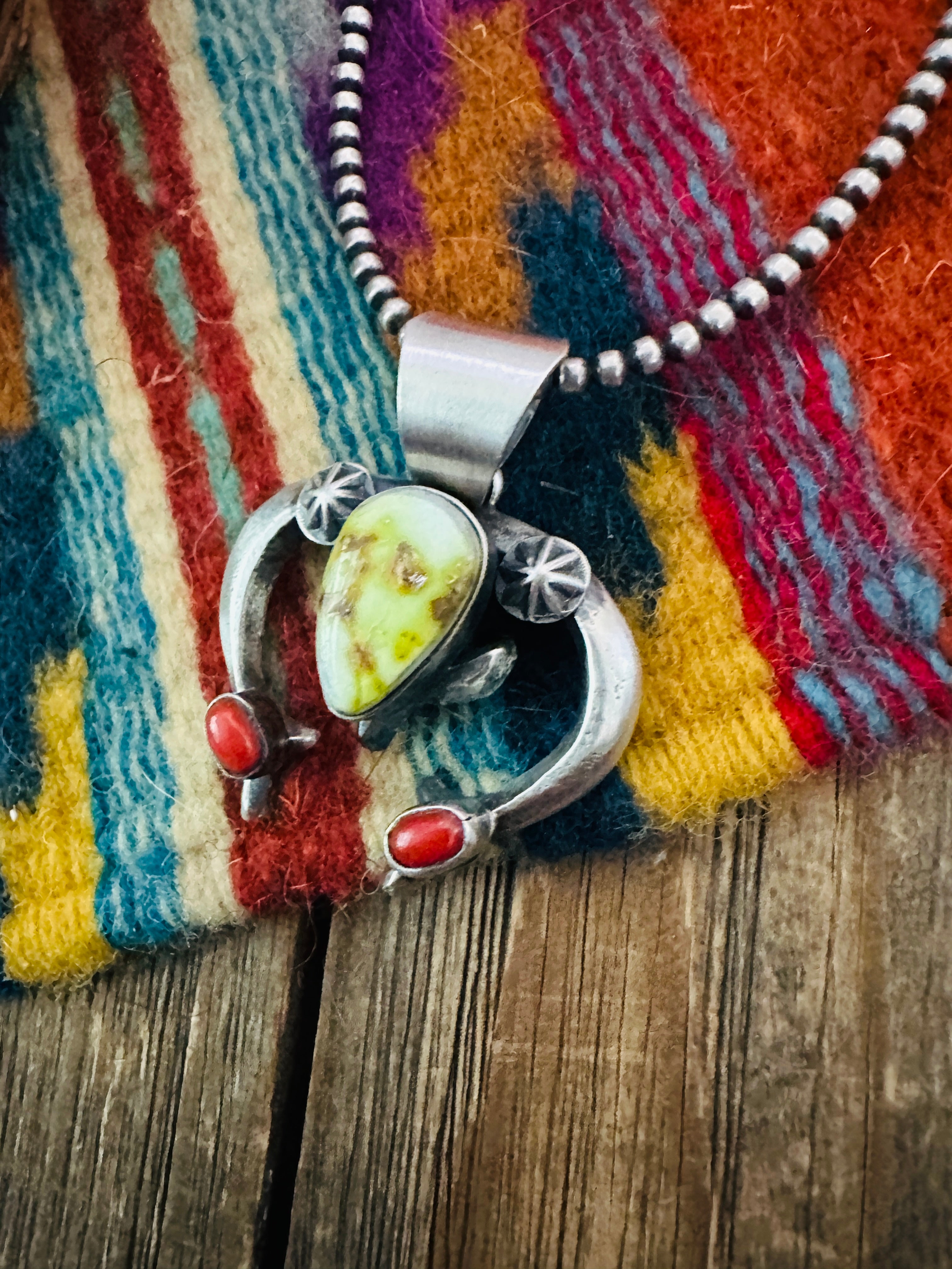 Handcrafted Sterling Silver, Turquoise & Coral Naja Pendant by Chimney Butte