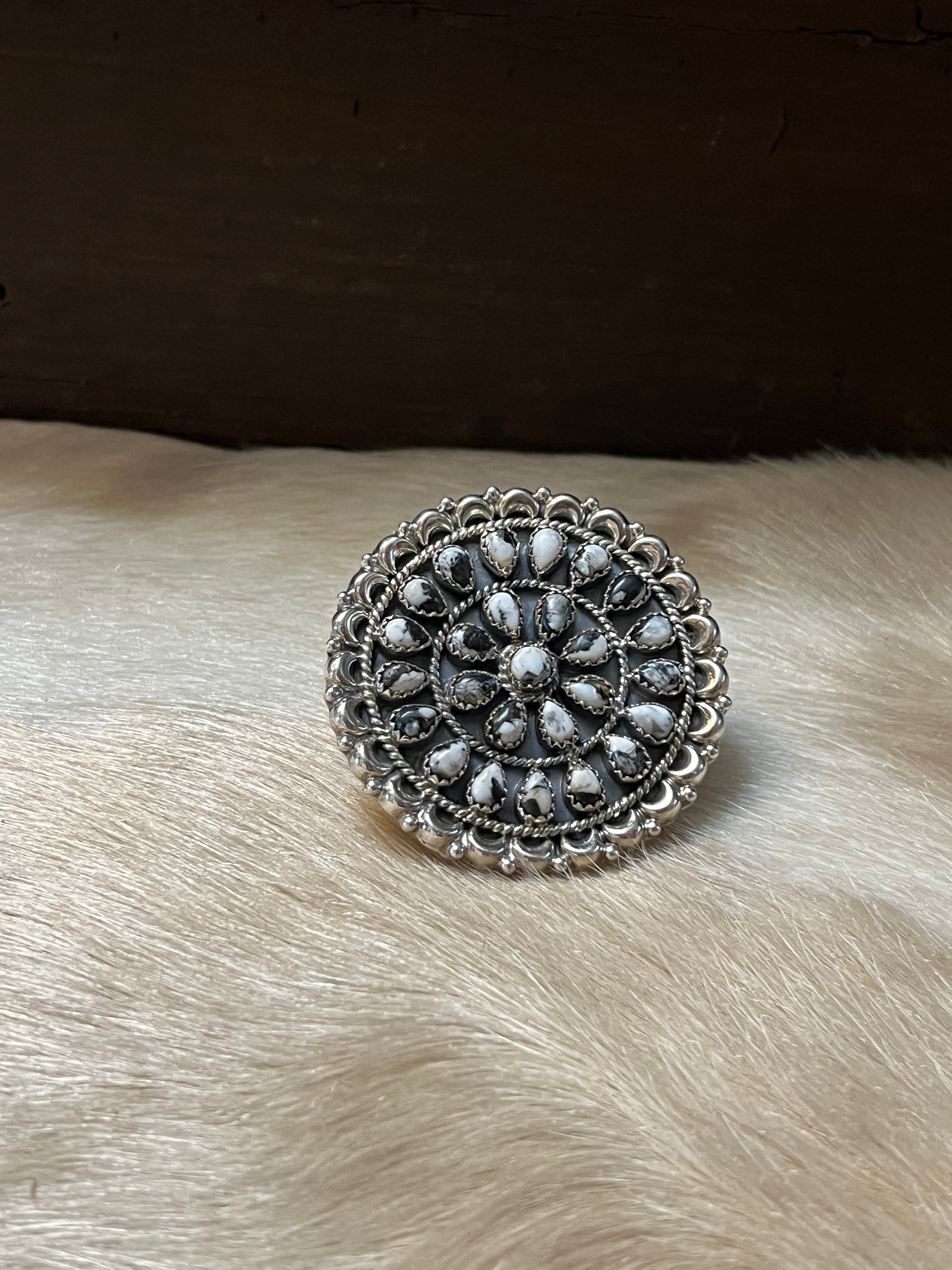 Handmade Sterling Silver & White Buffalo Round Cluster Adjustable Statement Ring