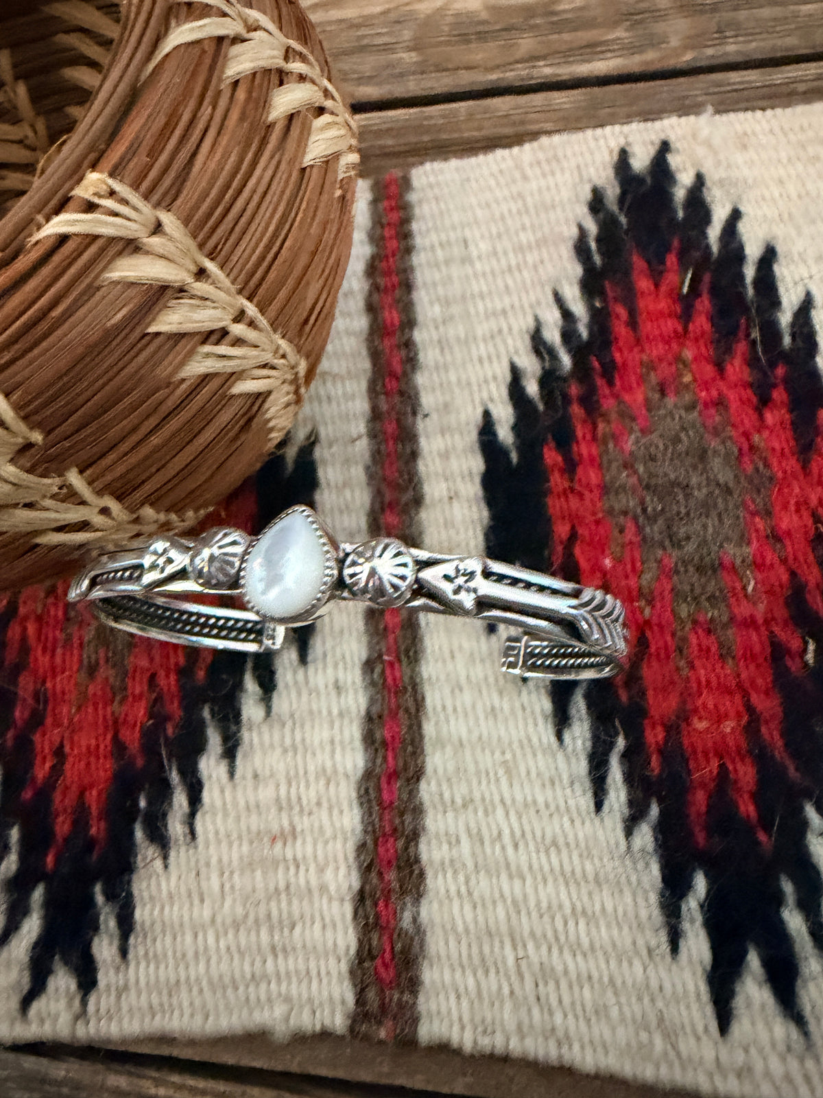 Handcrafted Sterling Silver and Mother of Pearl Cuff Bracelet