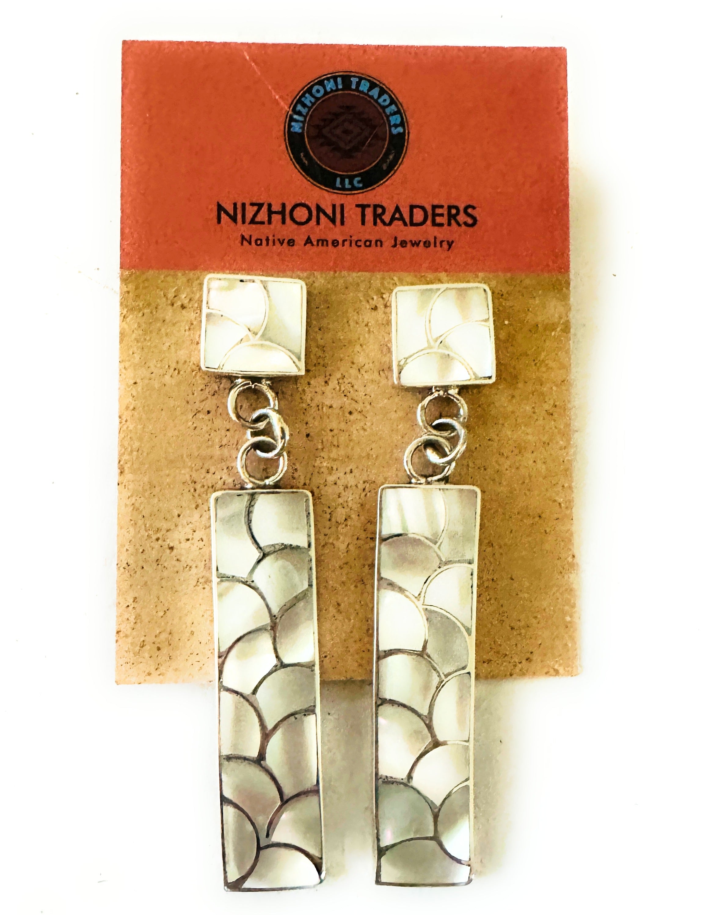 Zuni Sterling Silver & Mother of Pearl Inlay Dangle Earrings