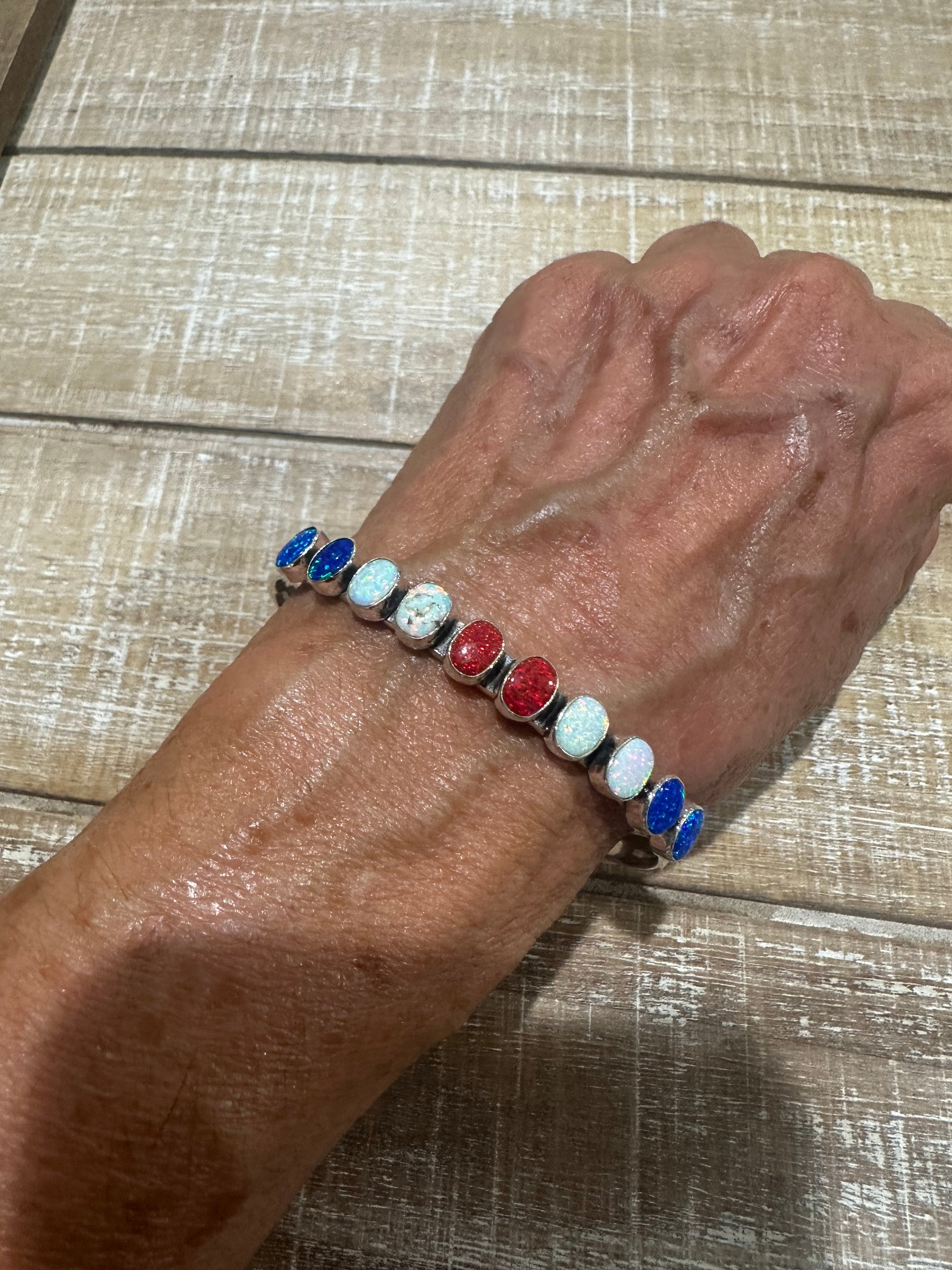 Handmade Sterling Silver 4th Of July Collection: Coral with Lapis and White Buffalo Cuff Bracelet