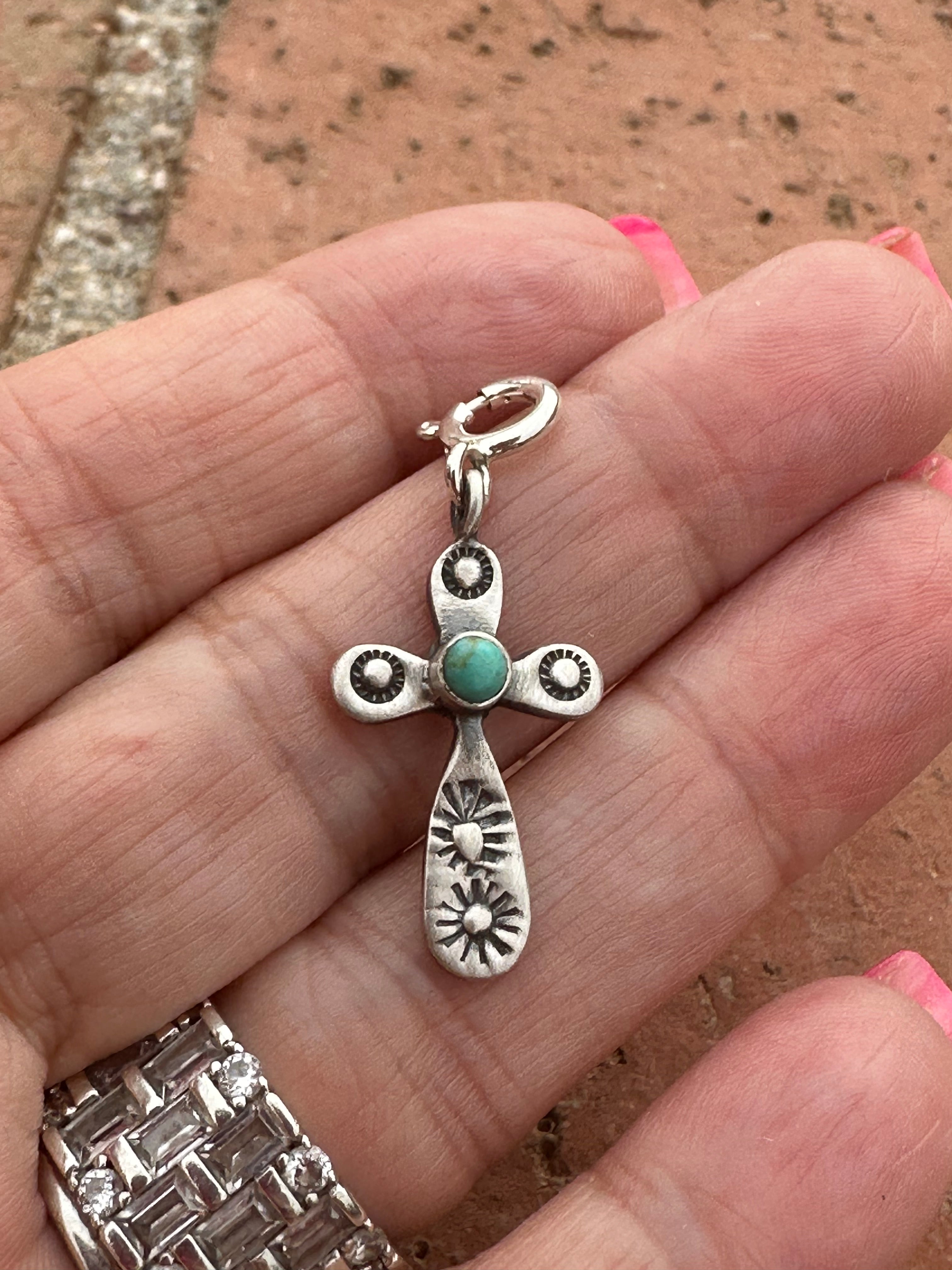 Sterling Silver and  Petit Point Turquoise Hand Stamped Cross Charm