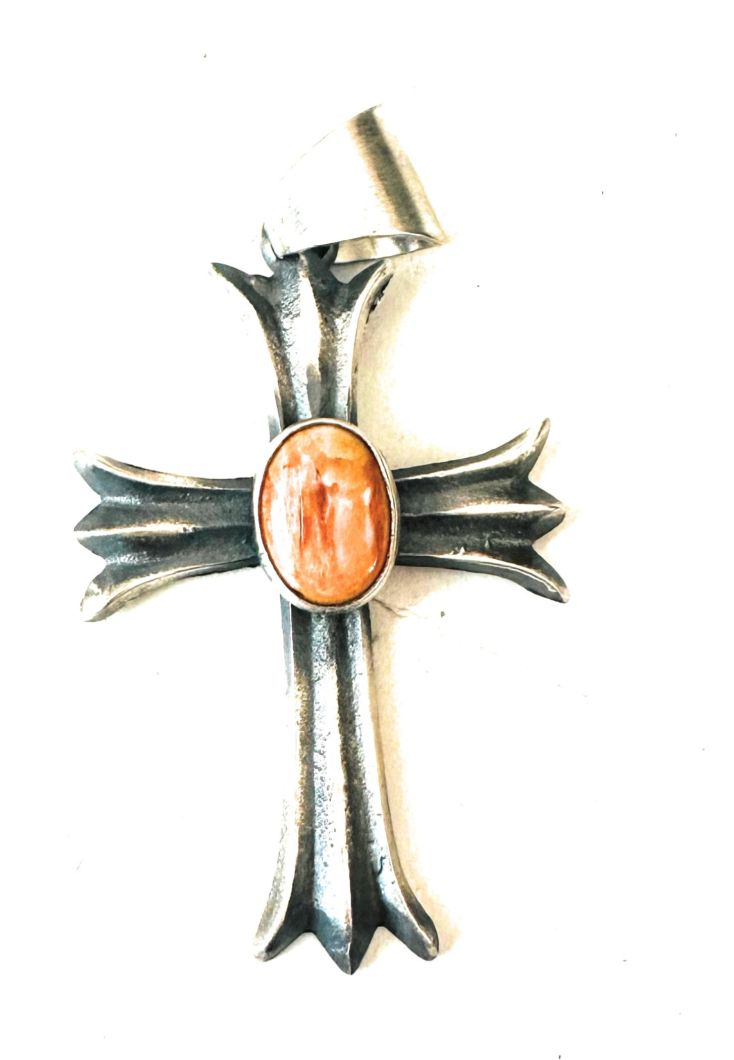 Navajo Sterling Silver & Orange Spiny Cross Pendant by Chimney Butte