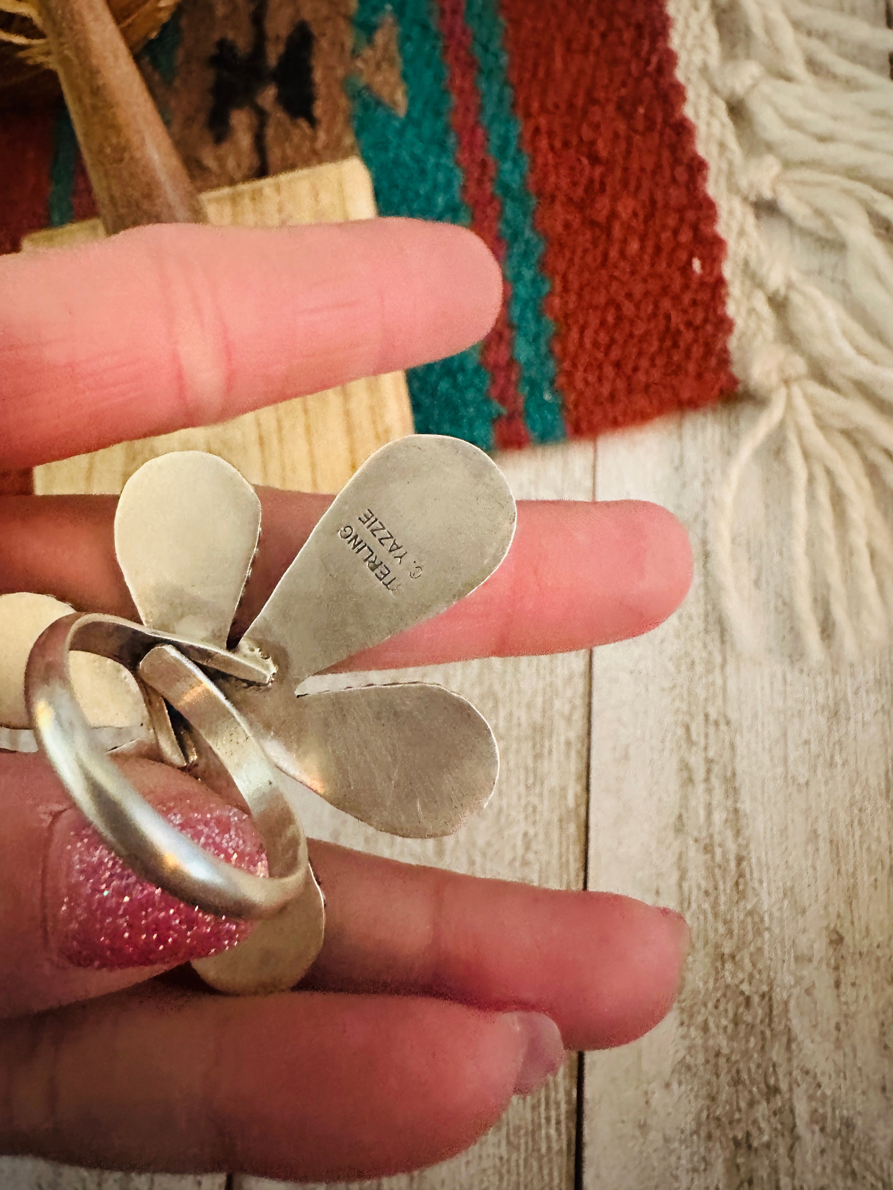 Navajo Sterling Silver And White Buffalo Adjustable Flower Ring