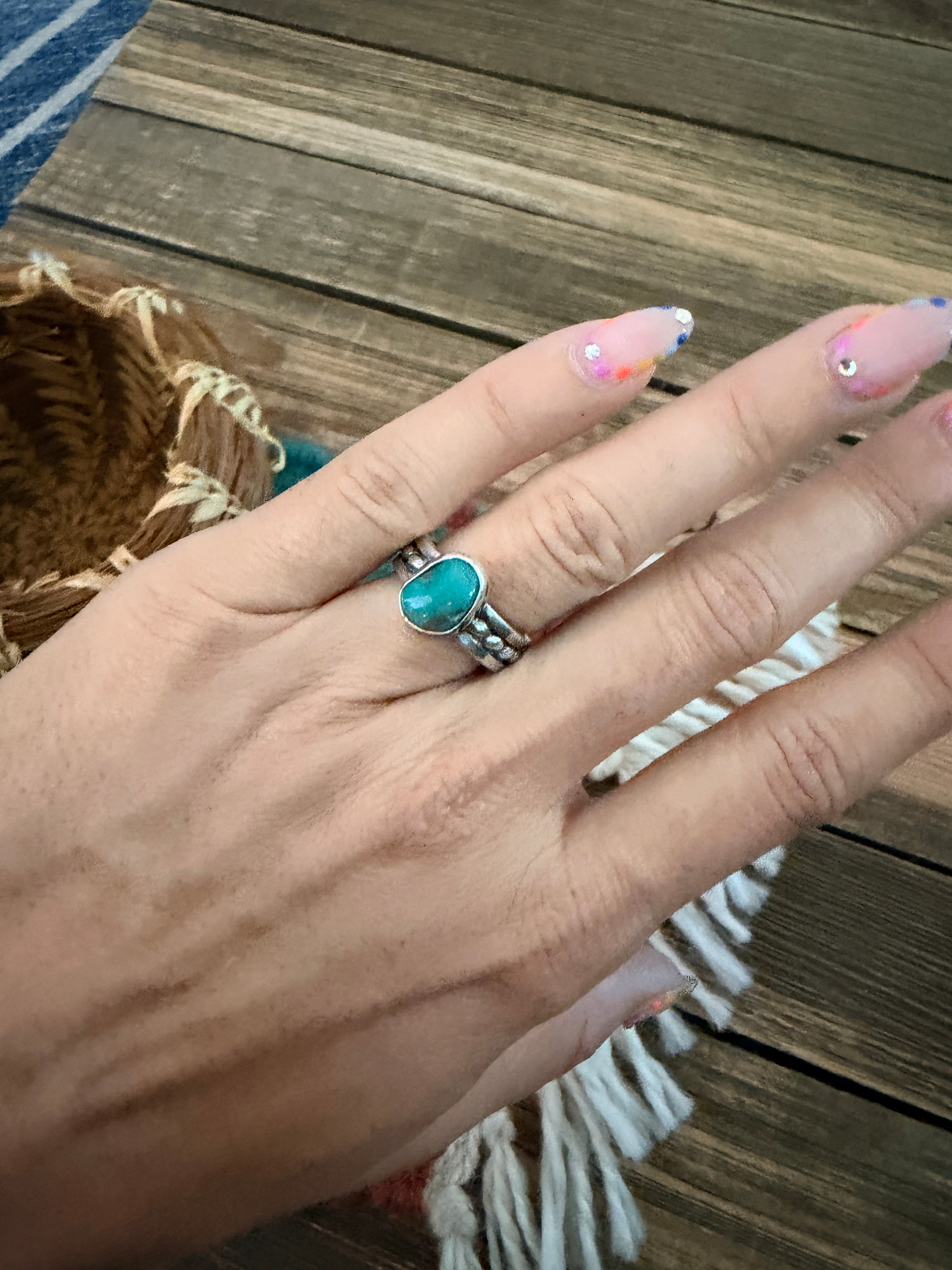 Handcrafted Turquoise & Sterling Silver Band Ring Size 4.5