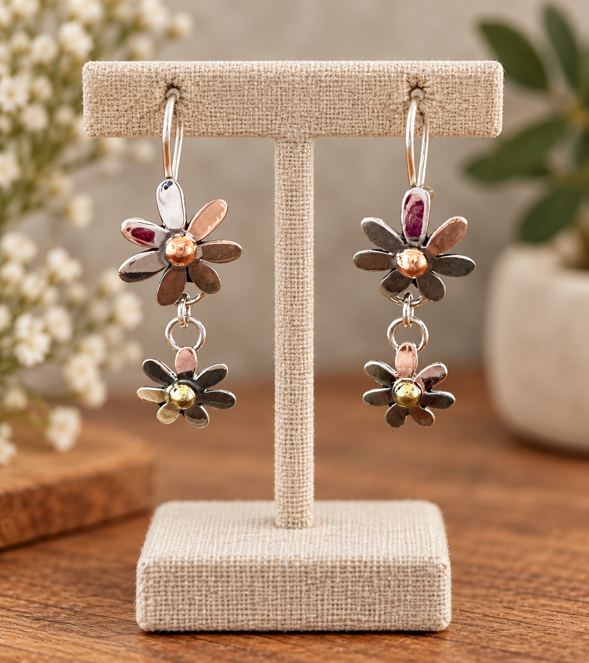 Sterling Silver & Copper Double Daisy Dangle Earrings