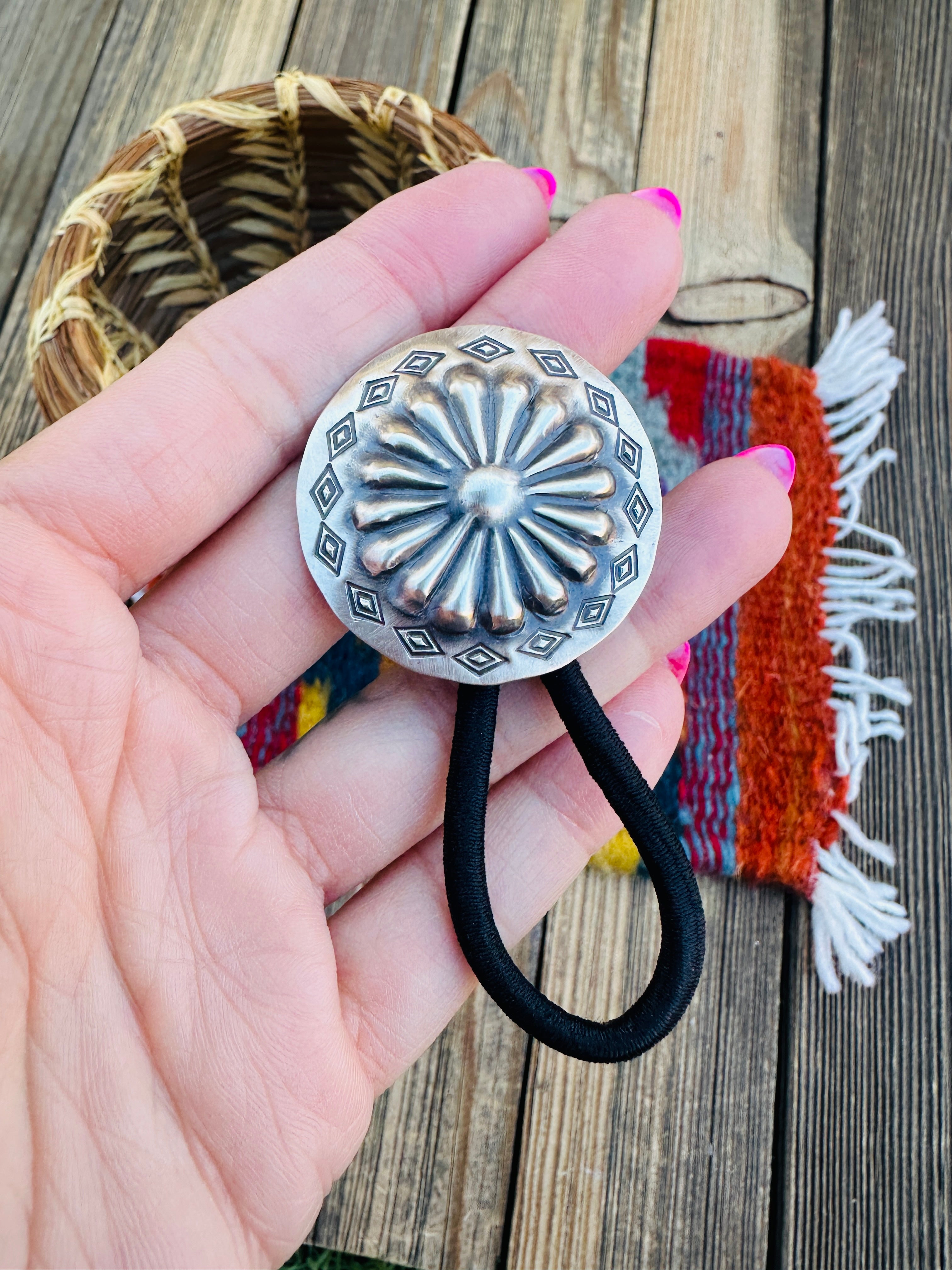 Handcrafted Sterling Silver Concho Hair Tieo