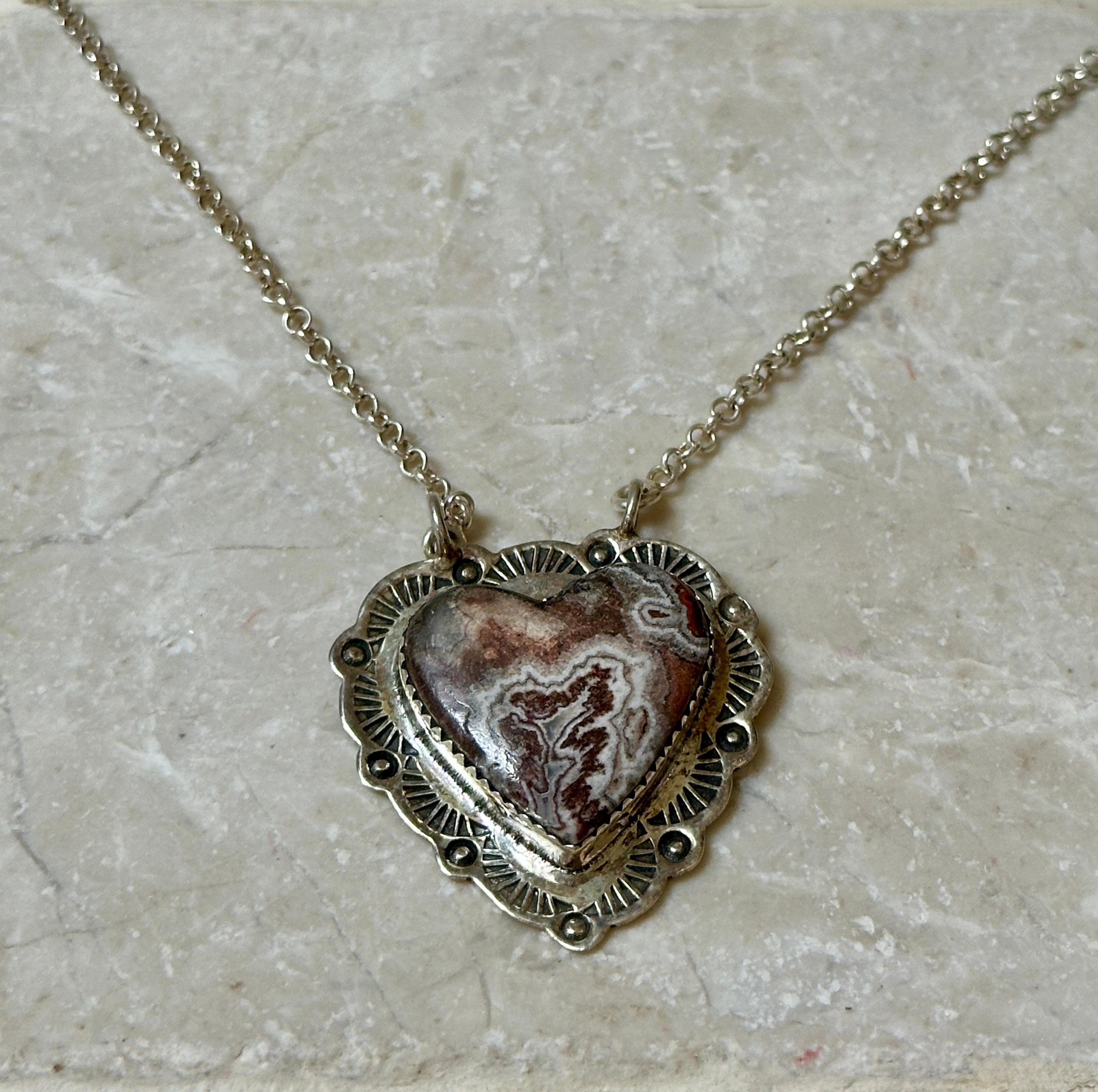 Ocean Jasper Heart Pendant w/ Sterling Silver Necklace
