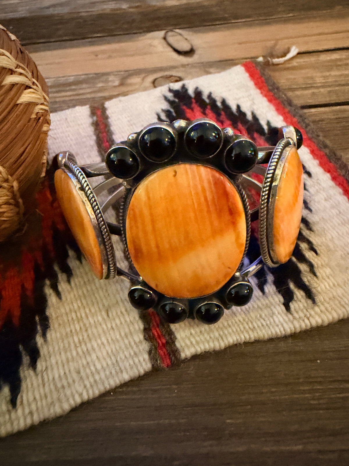 Handcrafted Orange Spiny, Onyx & Sterling Silver Cuff Bracelet by Lorenzo Arviso Jr.