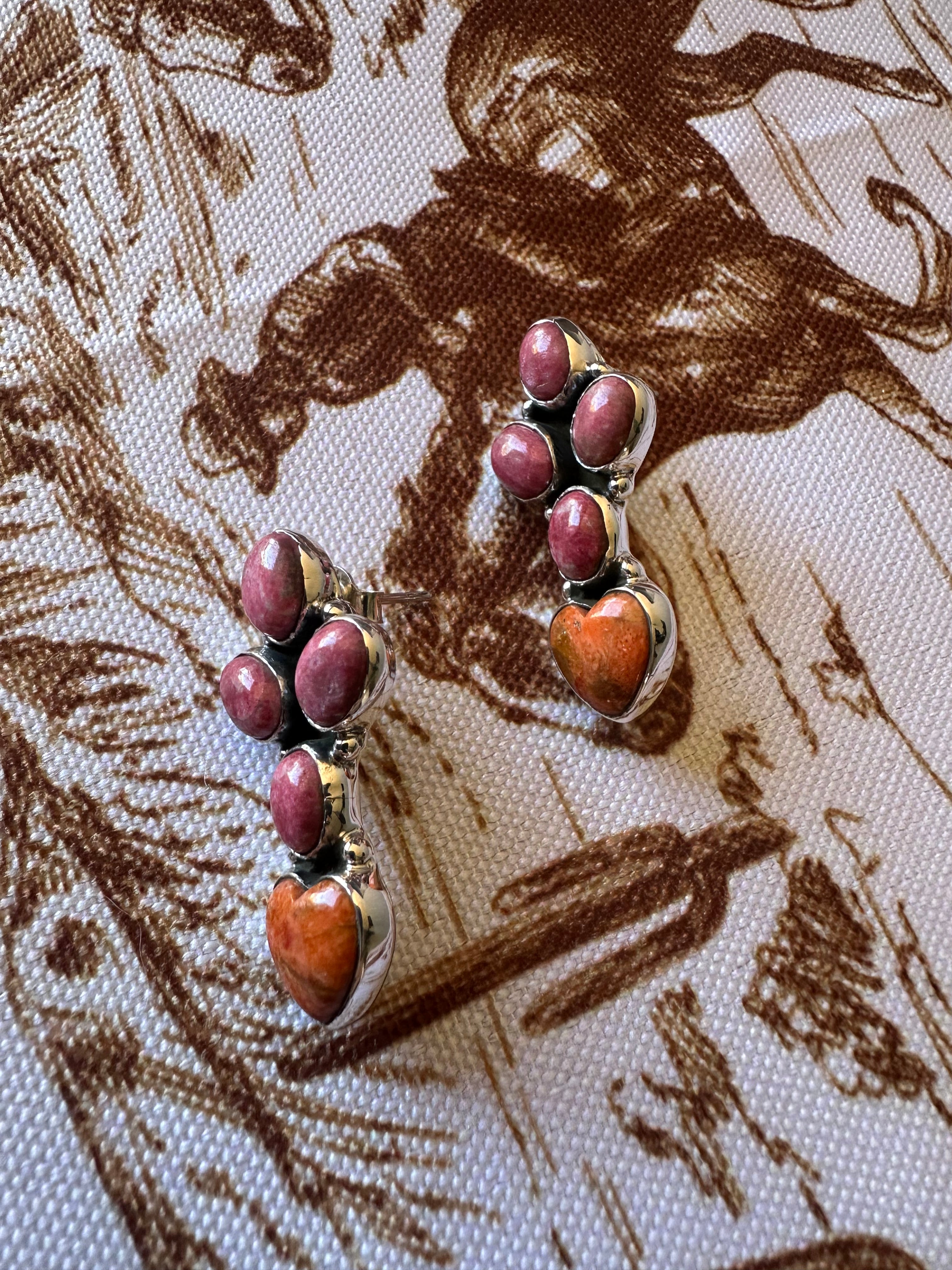 Handmade Orange Mojave, Rhodonite and Sterling Silver Post Earrings Signed Nizhoni