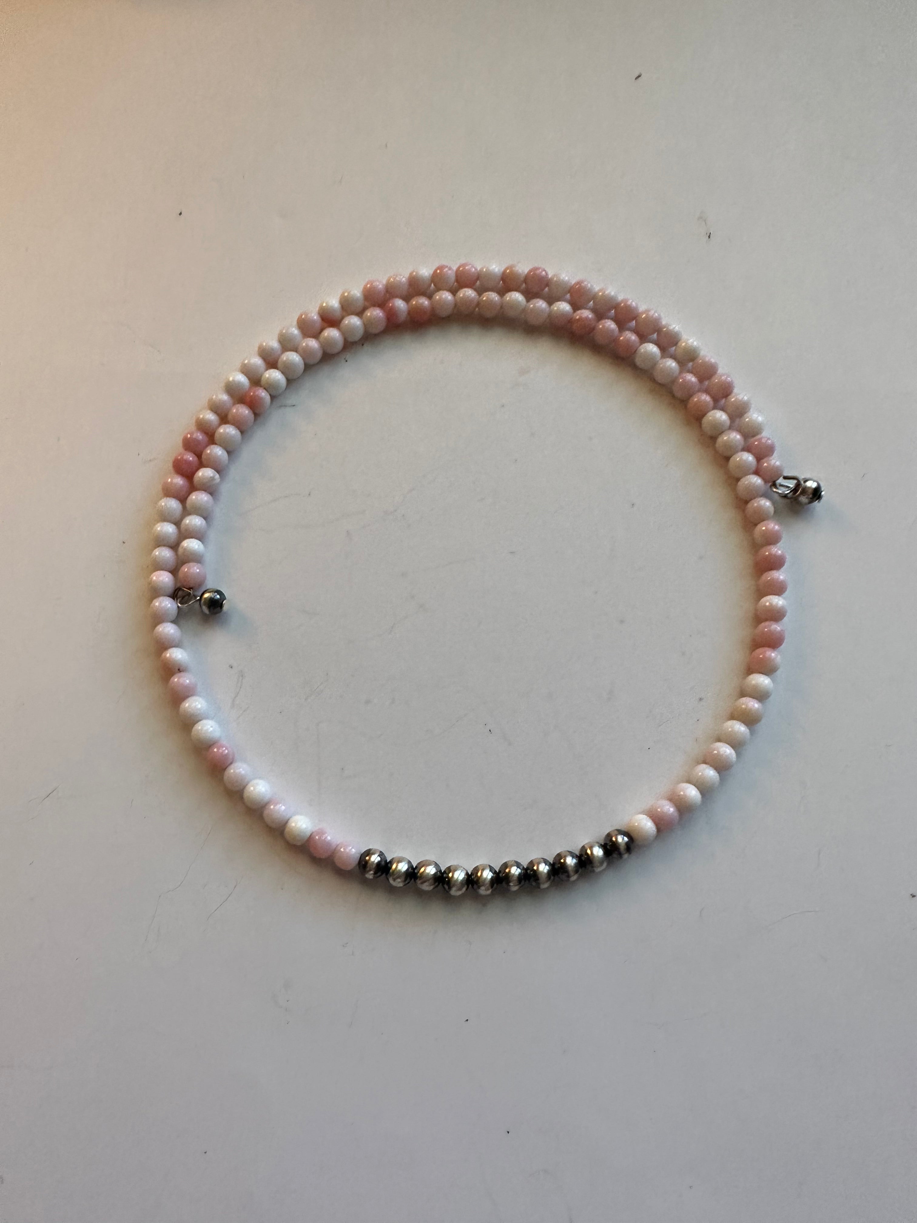 Navajo Pink Conch & Sterling Silver Beaded Wrap Choker Necklace