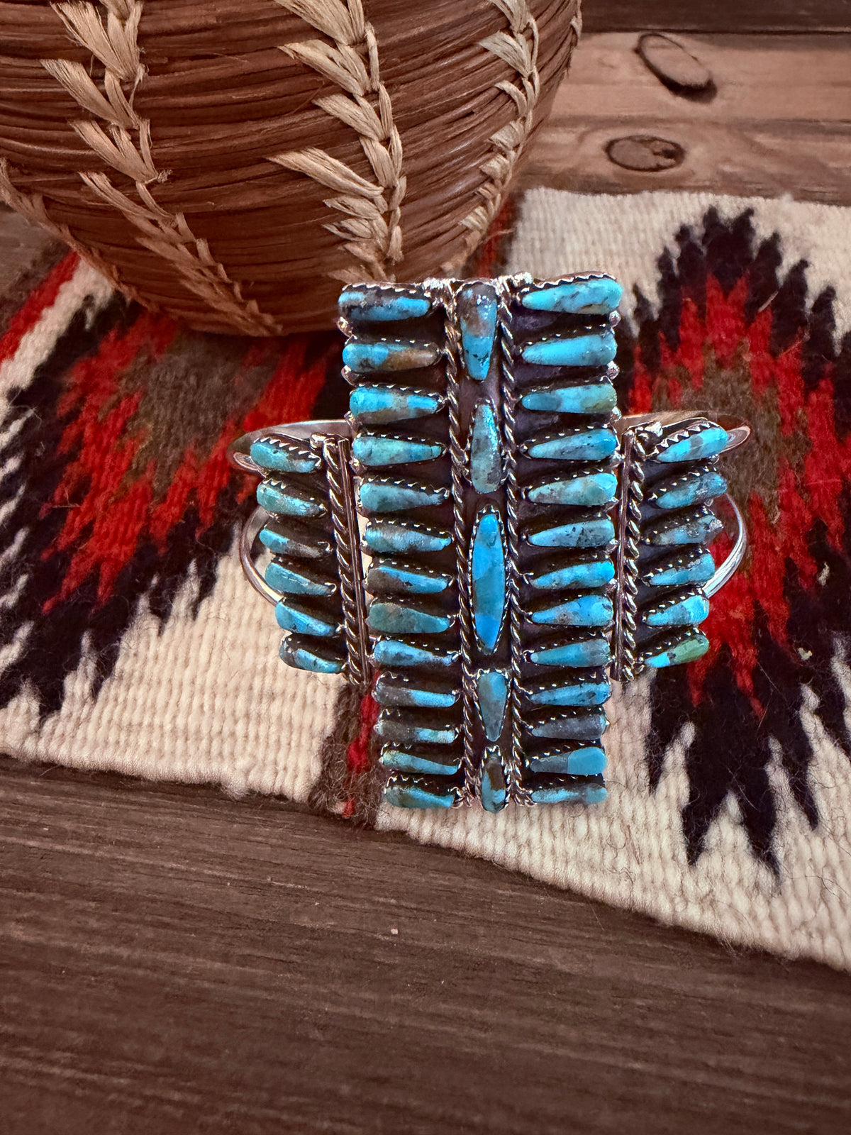 Handcrafted Turquoise & Sterling Silver Cluster Cuff Bracelet by Leander Nez