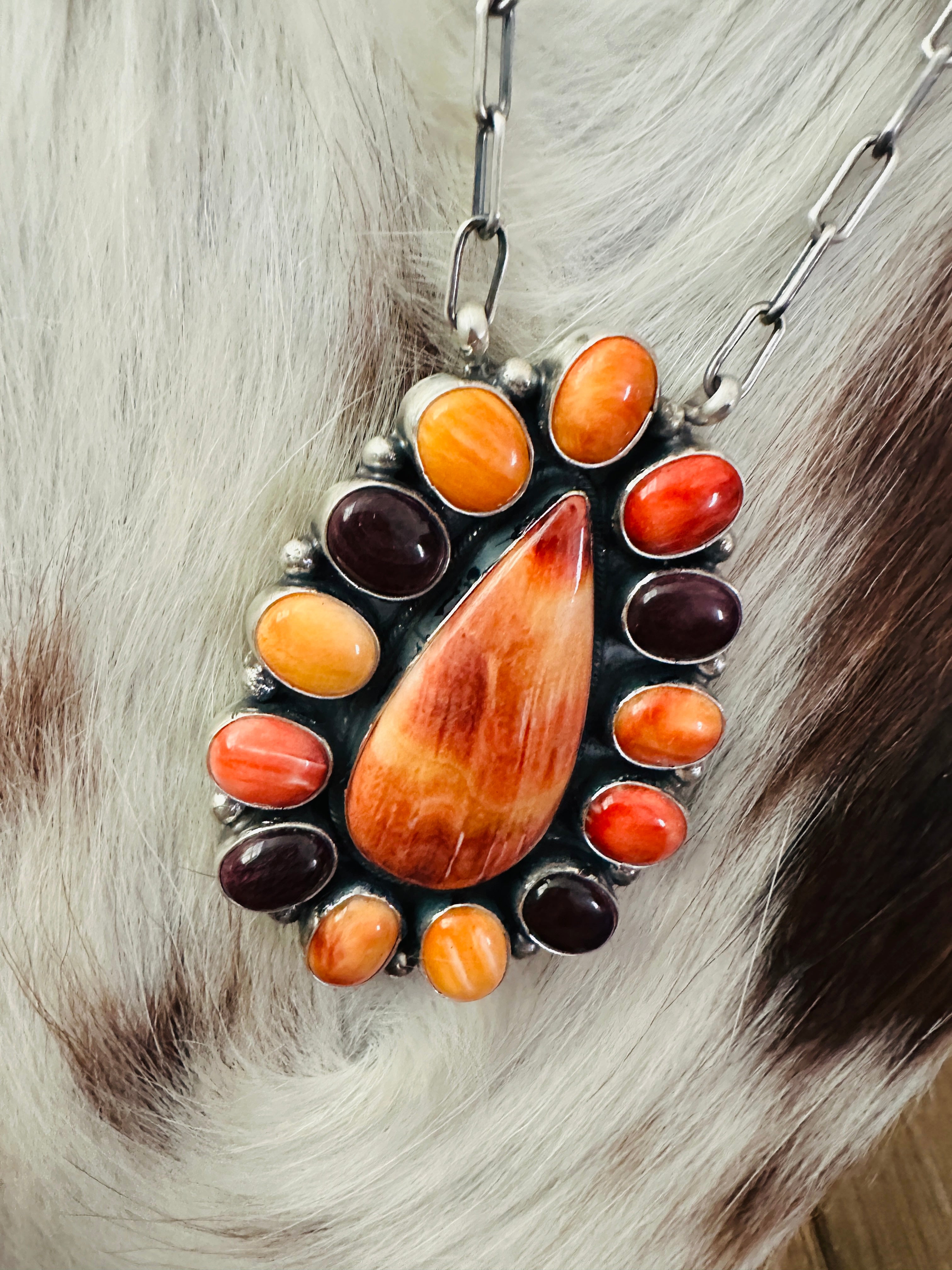 Handcrafted Multicolor Spiny Oyster & Sterling Silver Cluster Necklace by Sheila Becenti