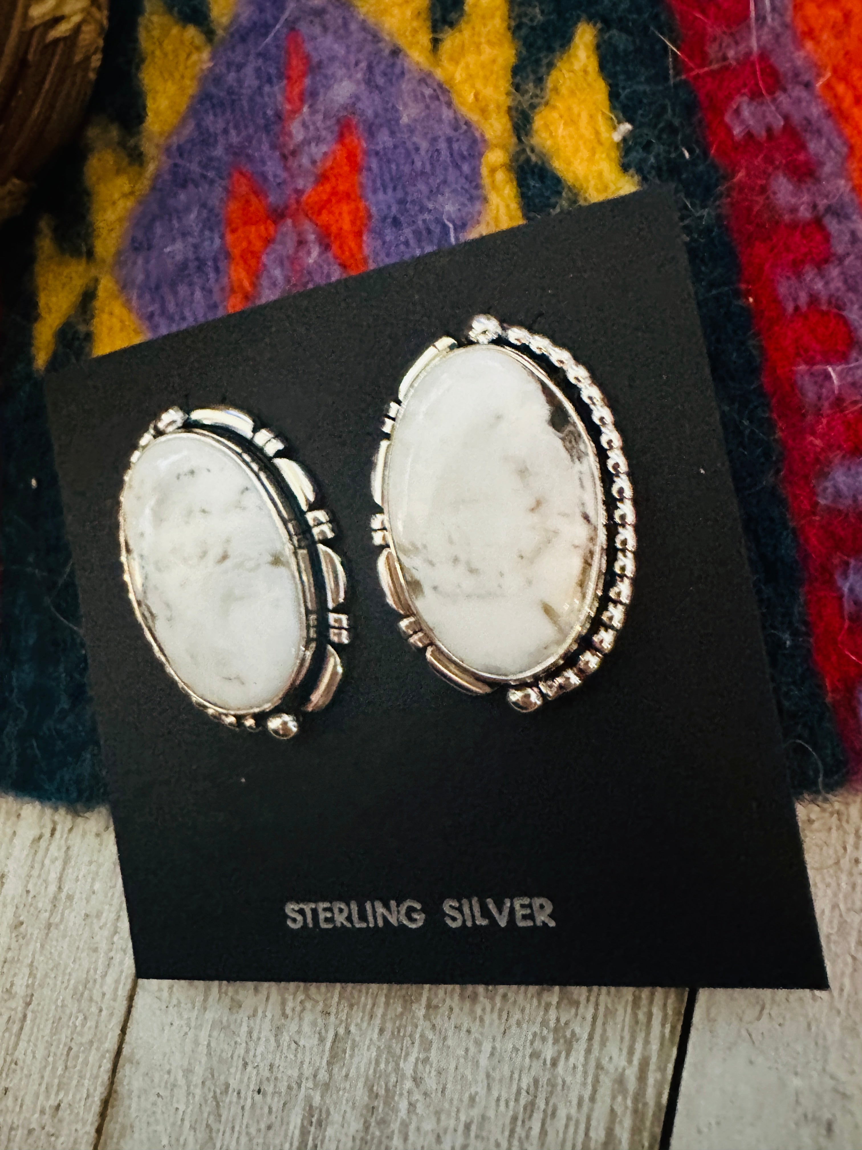 Navajo White Buffalo & Sterling Silver Post Earrings