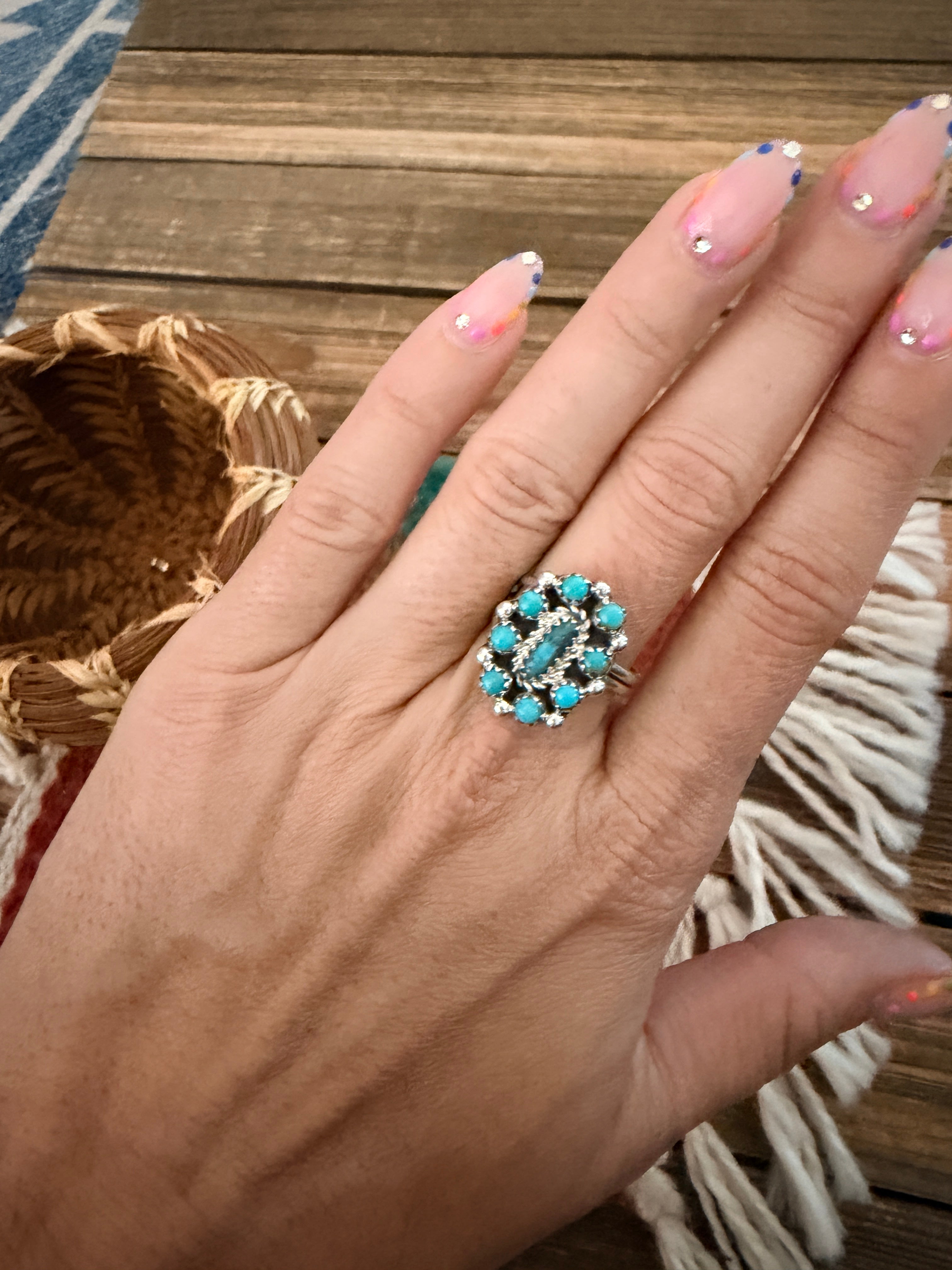 Handcrafted Turquoise & Sterling Silver Adjustable Cluster Ring