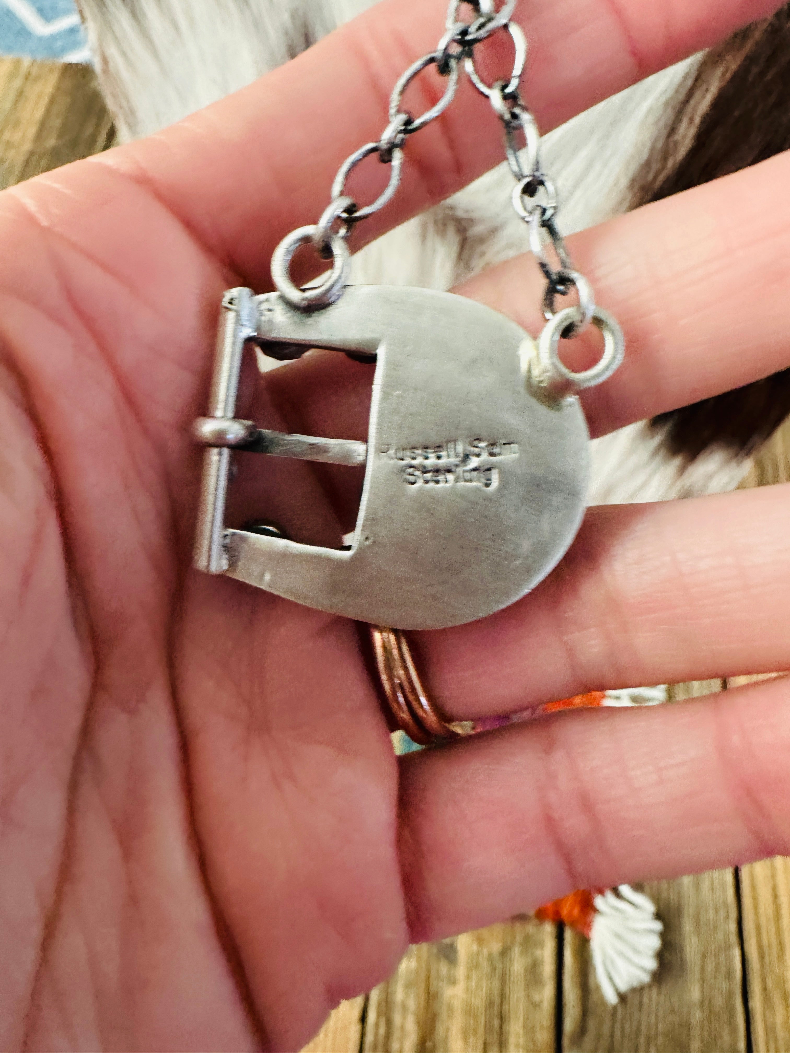 Handcrafted Queen Pink Conch & Sterling Silver Belt Buckle Necklace by Russell Sam