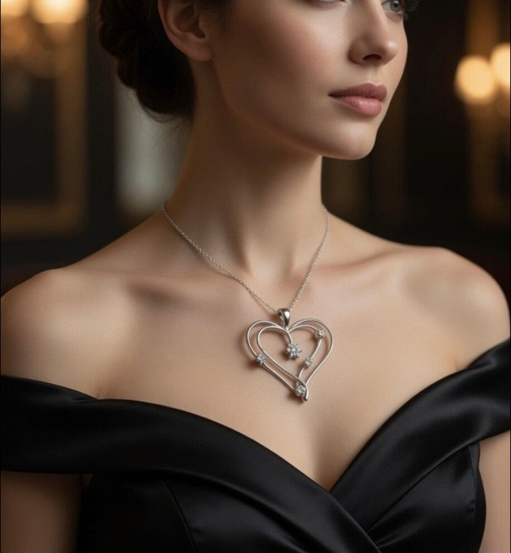 Sterling Silver CZ Double Heart Pendant Necklace