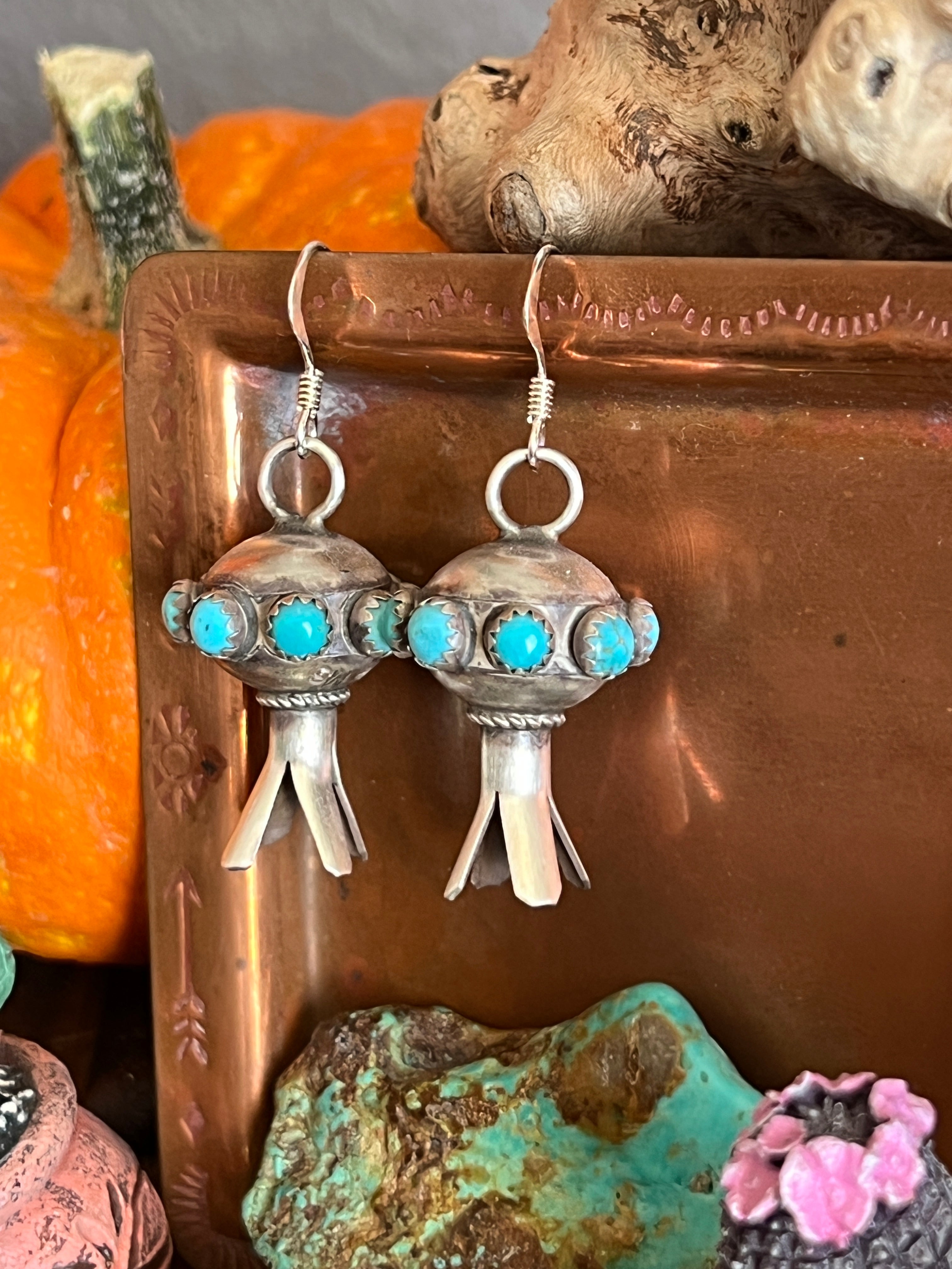 Handcrafted Sterling Silver Blossom Dangle Earrings with Turquoise by Monica Smith