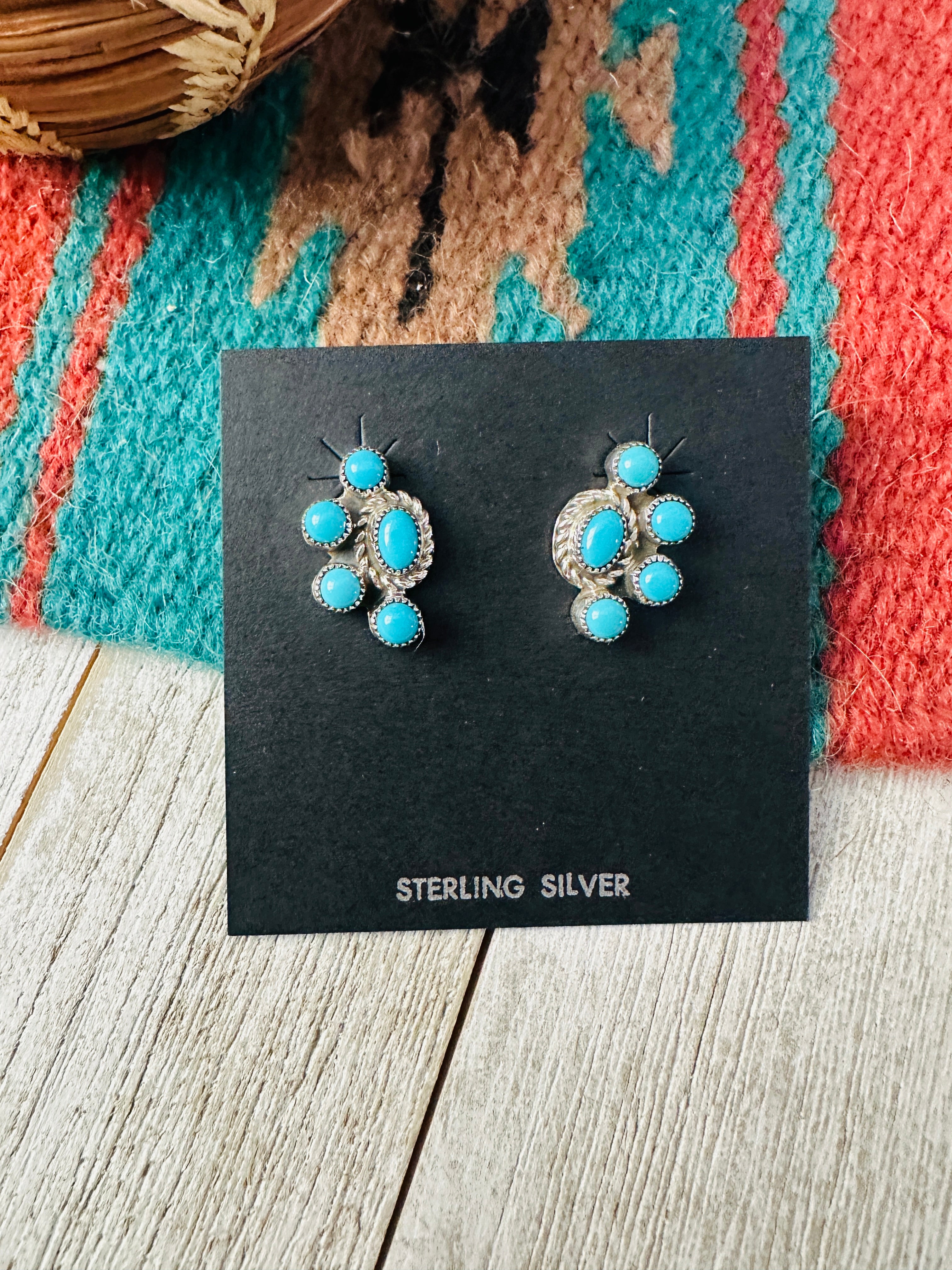 Navajo Sterling Silver & Turquoise Cluster Stud Earrings