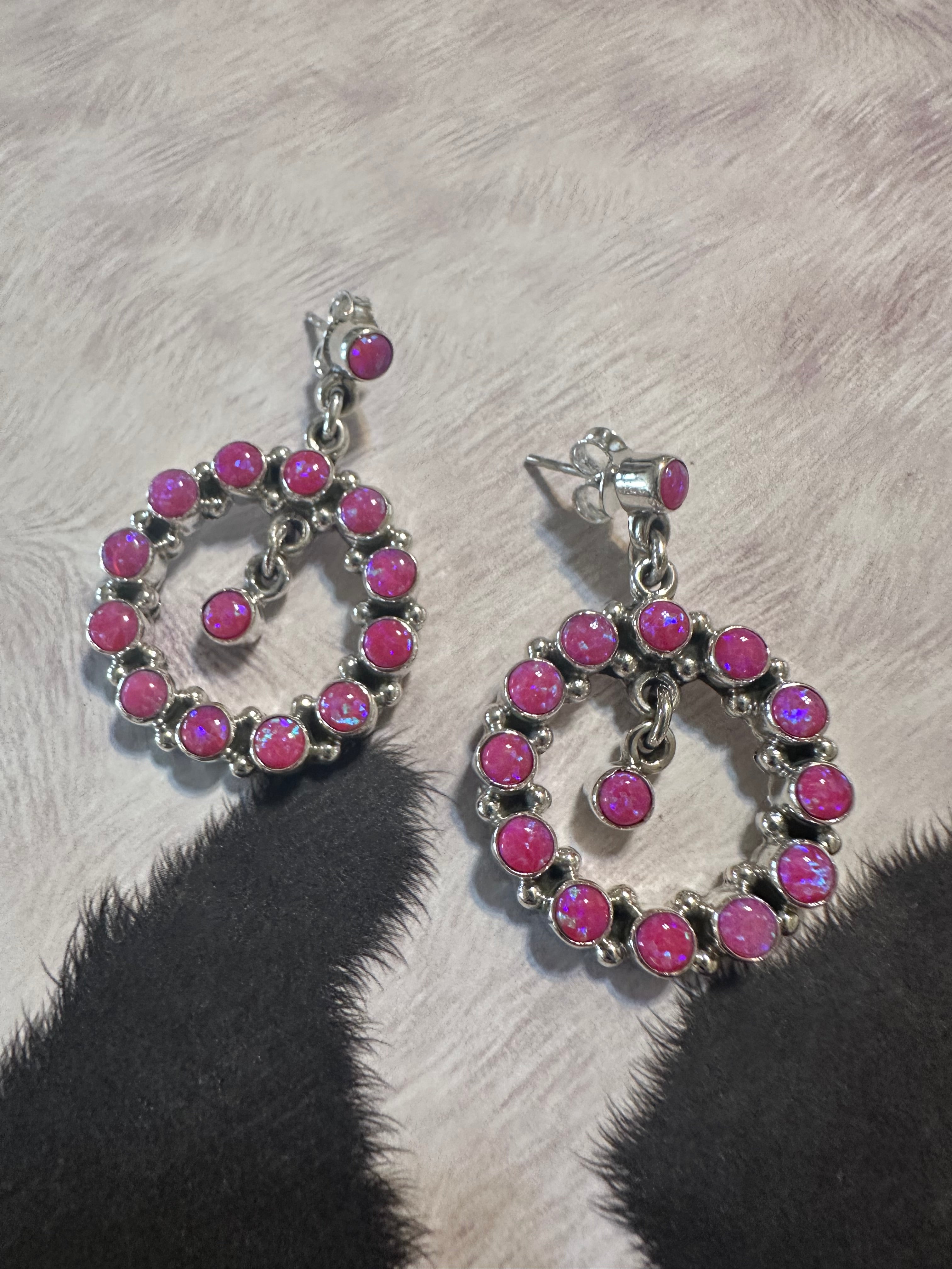 Handmade Hot Pink Fire Opal and Sterling Silver Dangle Earrings