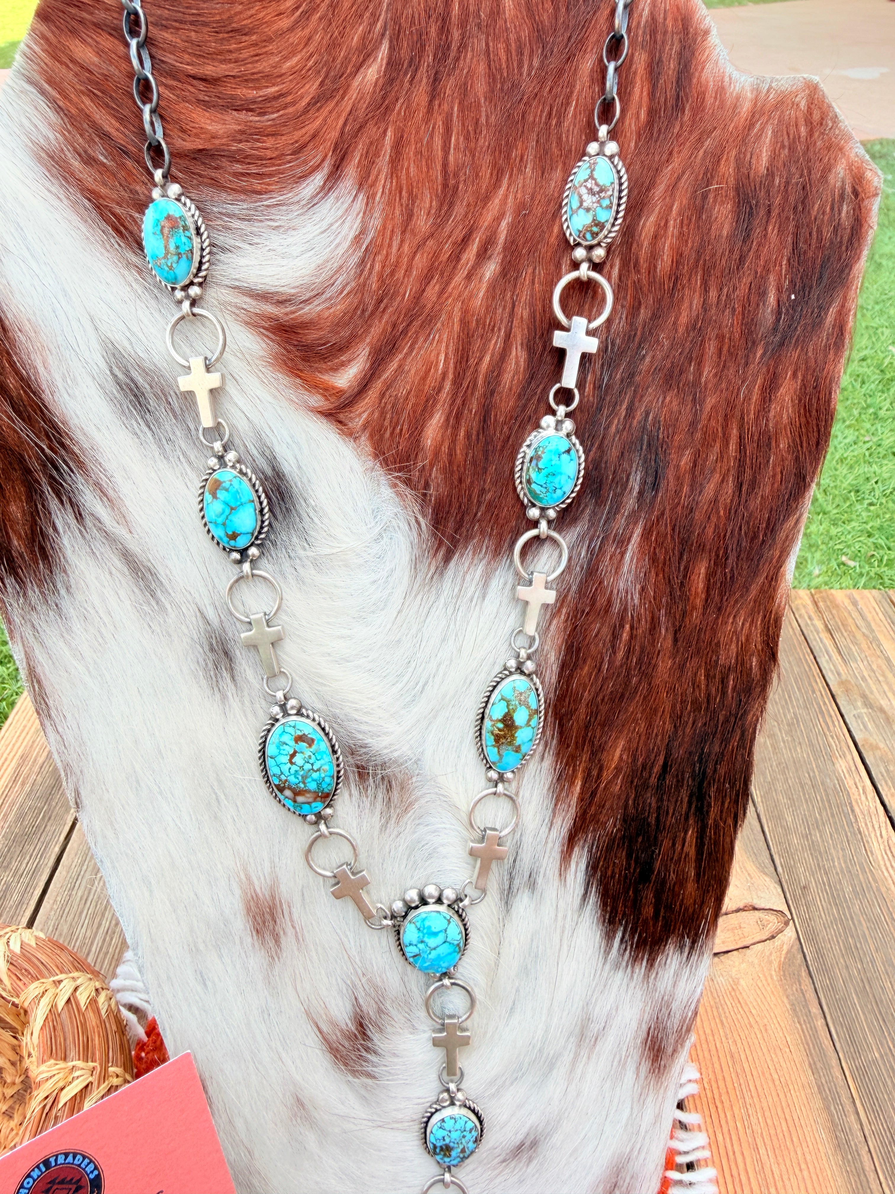Handcrafted Turquoise & Sterling Silver Cross Necklace and Earring Set by Fred Francis