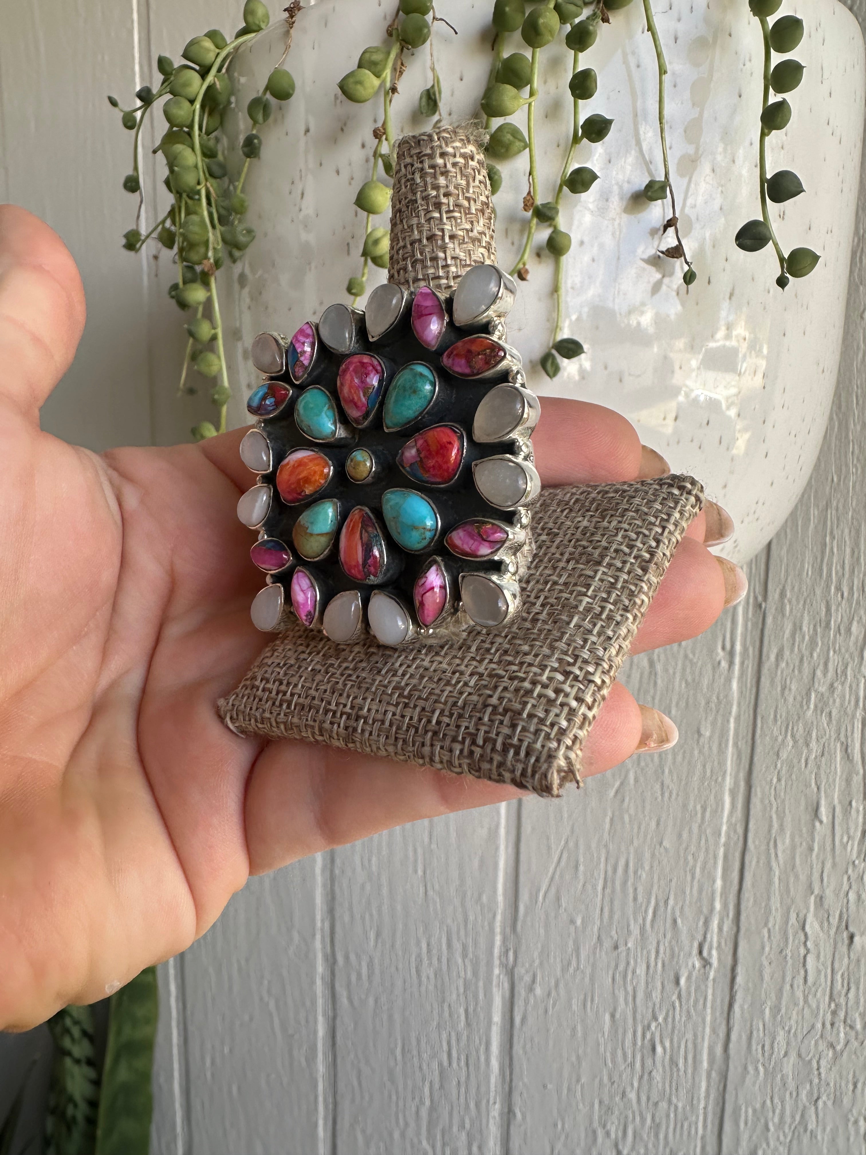 Beautiful Handmade Mother of Pearl, Pink Dream Mojave, Turquoise And Sterling Silver Adjustable Statement Ring