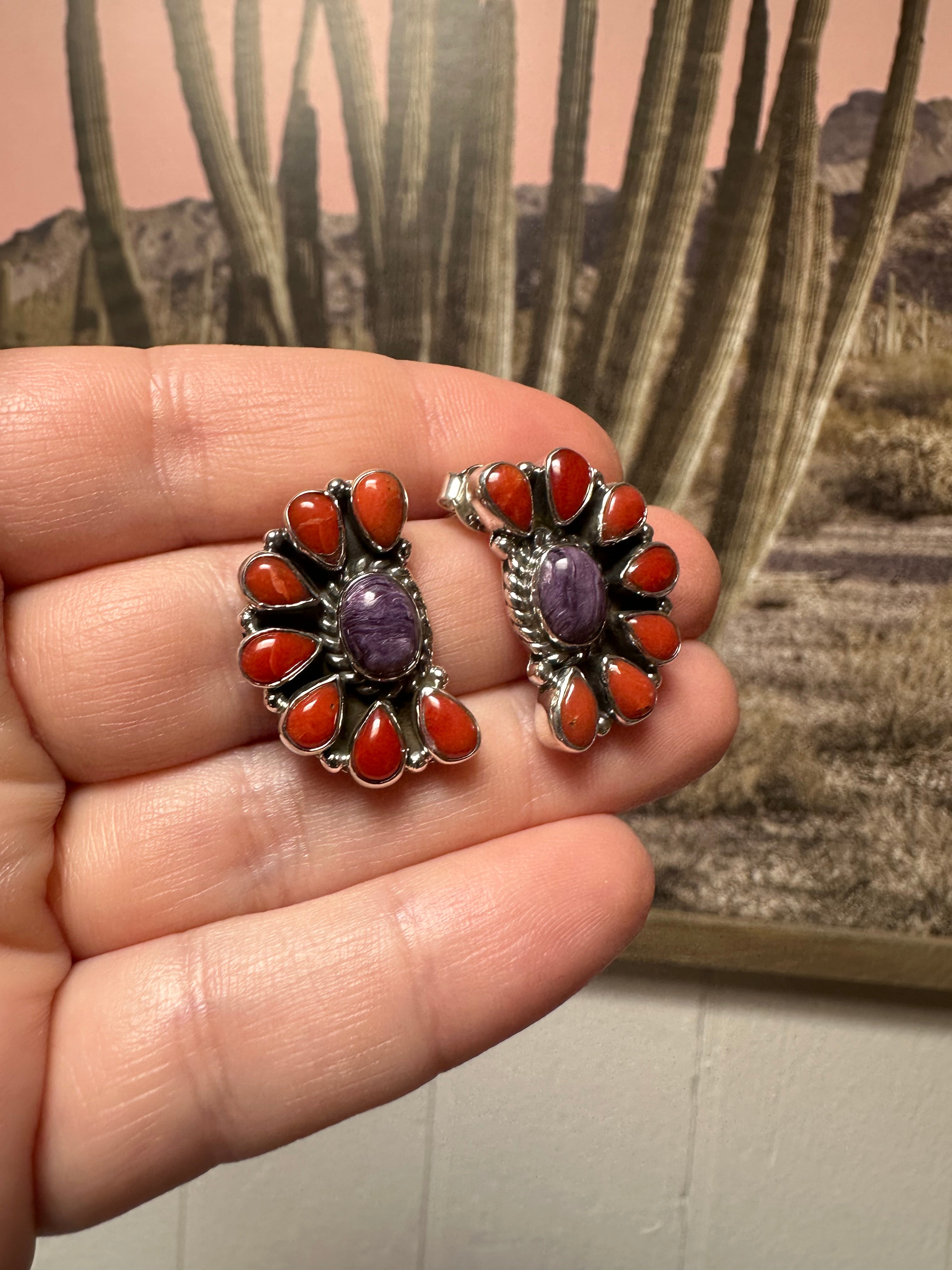 Handmade Coral, Purple Spiny and Sterling Silver Post Earrings Signed Nizhoni