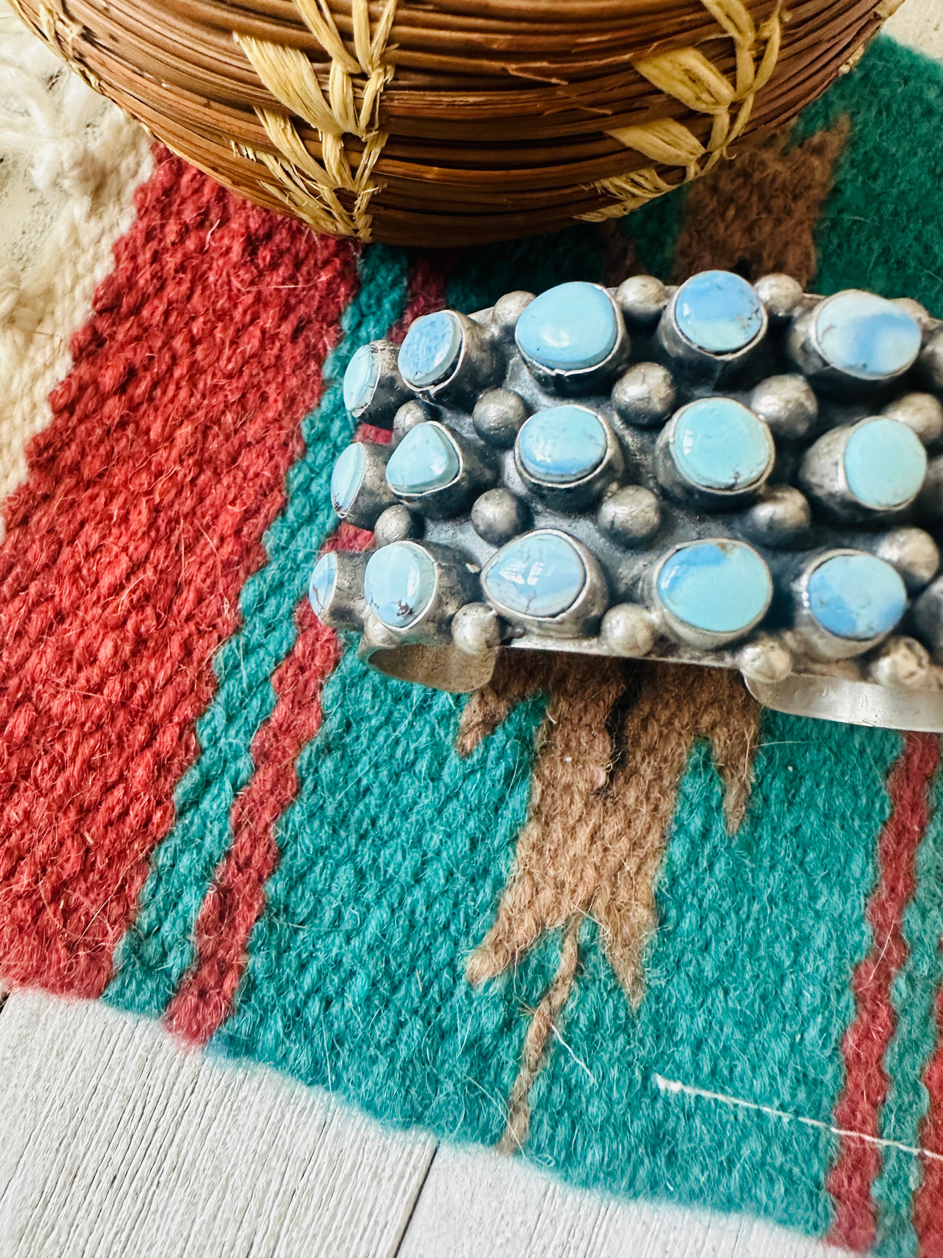 Navajo Sterling Silver & Golden Hills Turquoise Cluster Cuff Bracelet