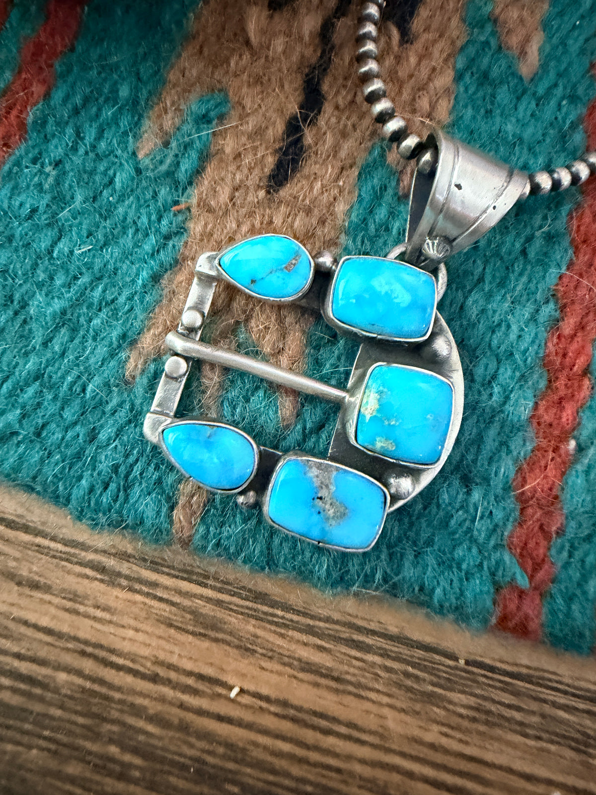 Handcrafted Sterling Silver & Turquoise Belt Buckle Pendant by Russell Sam