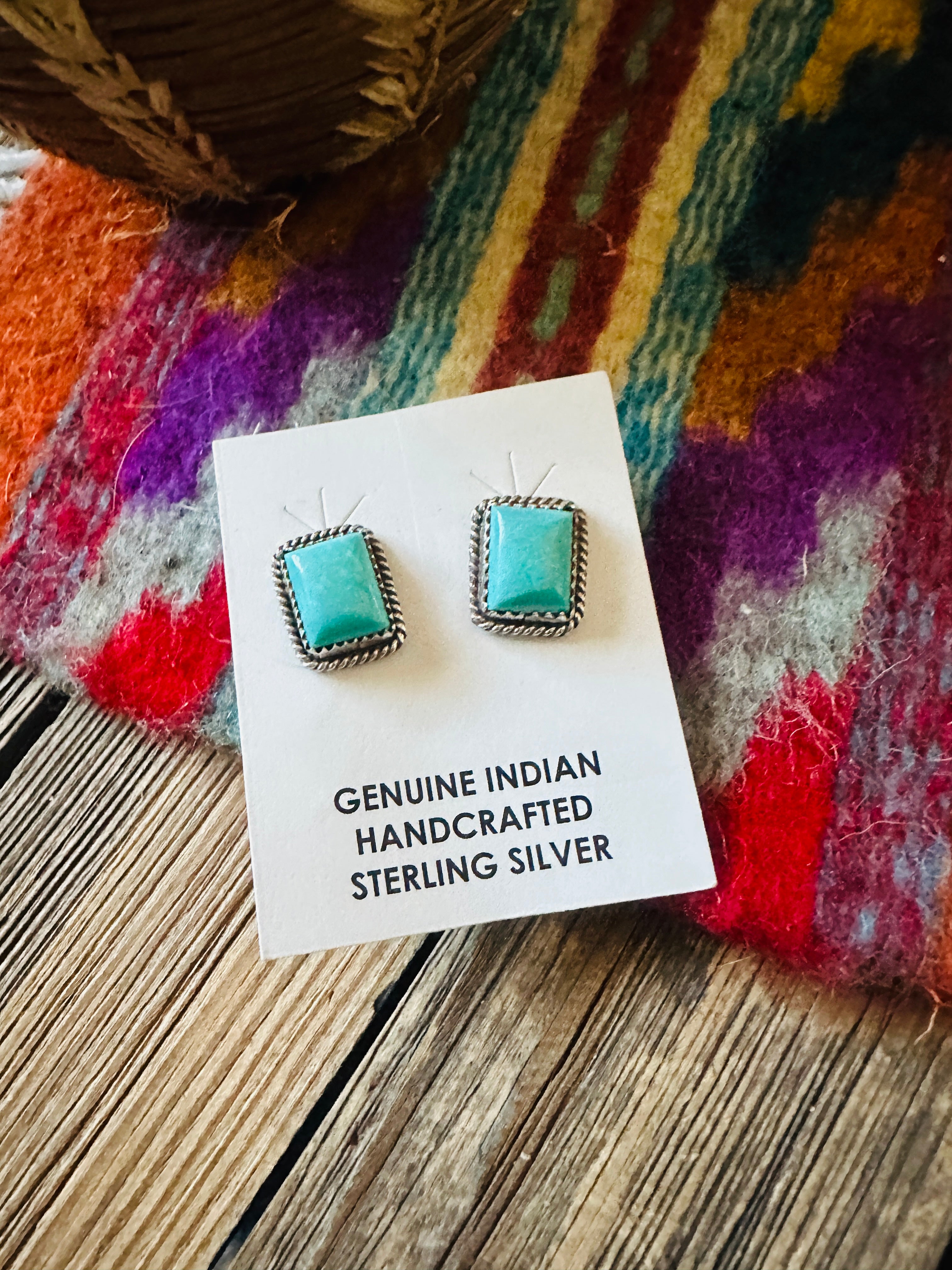 Handcrafted Turquoise & Sterling Silver Rectangle Stud Earrings