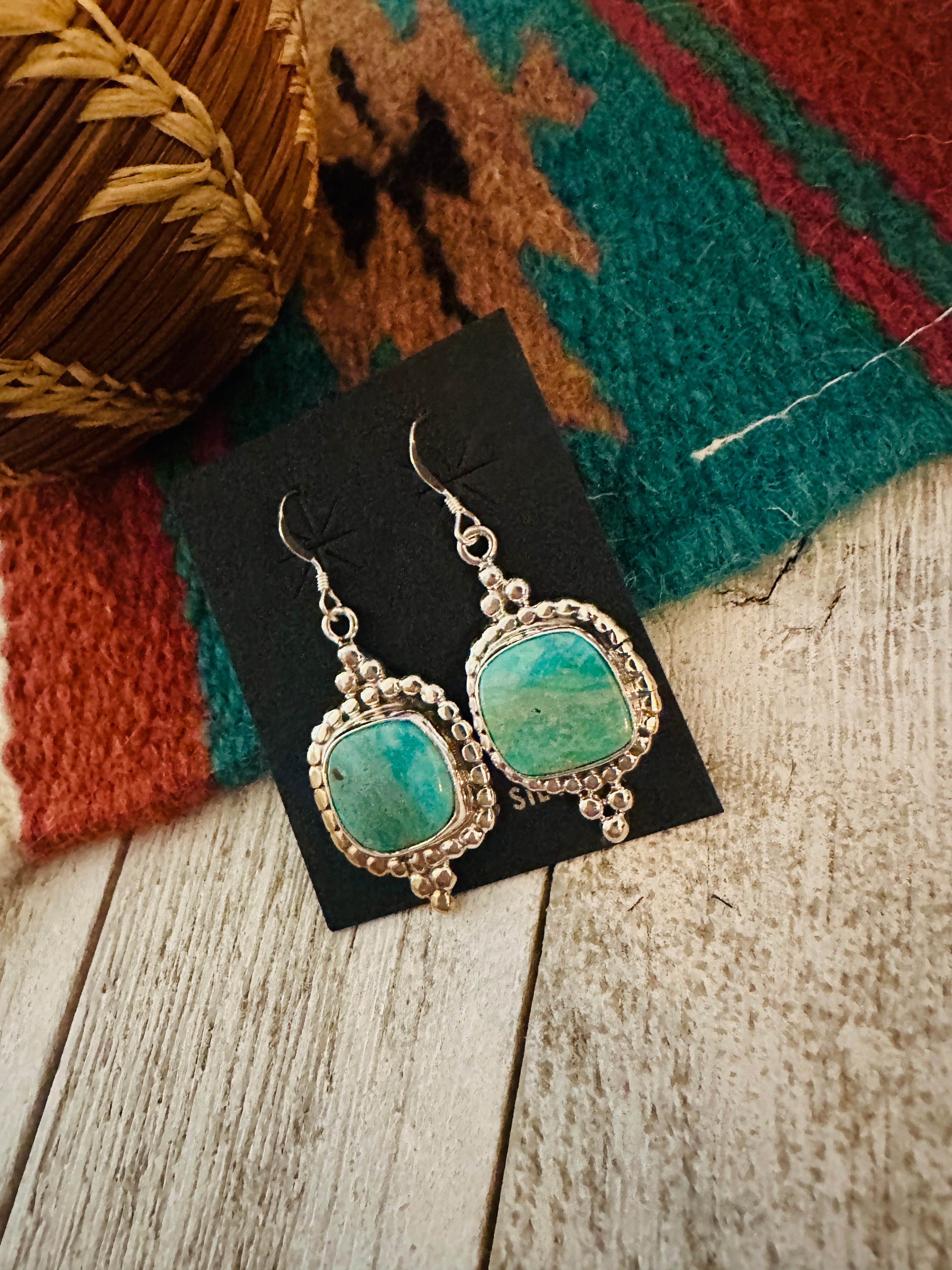 Navajo Turquoise & Sterling Silver Dangle Earrings by Ella Peter