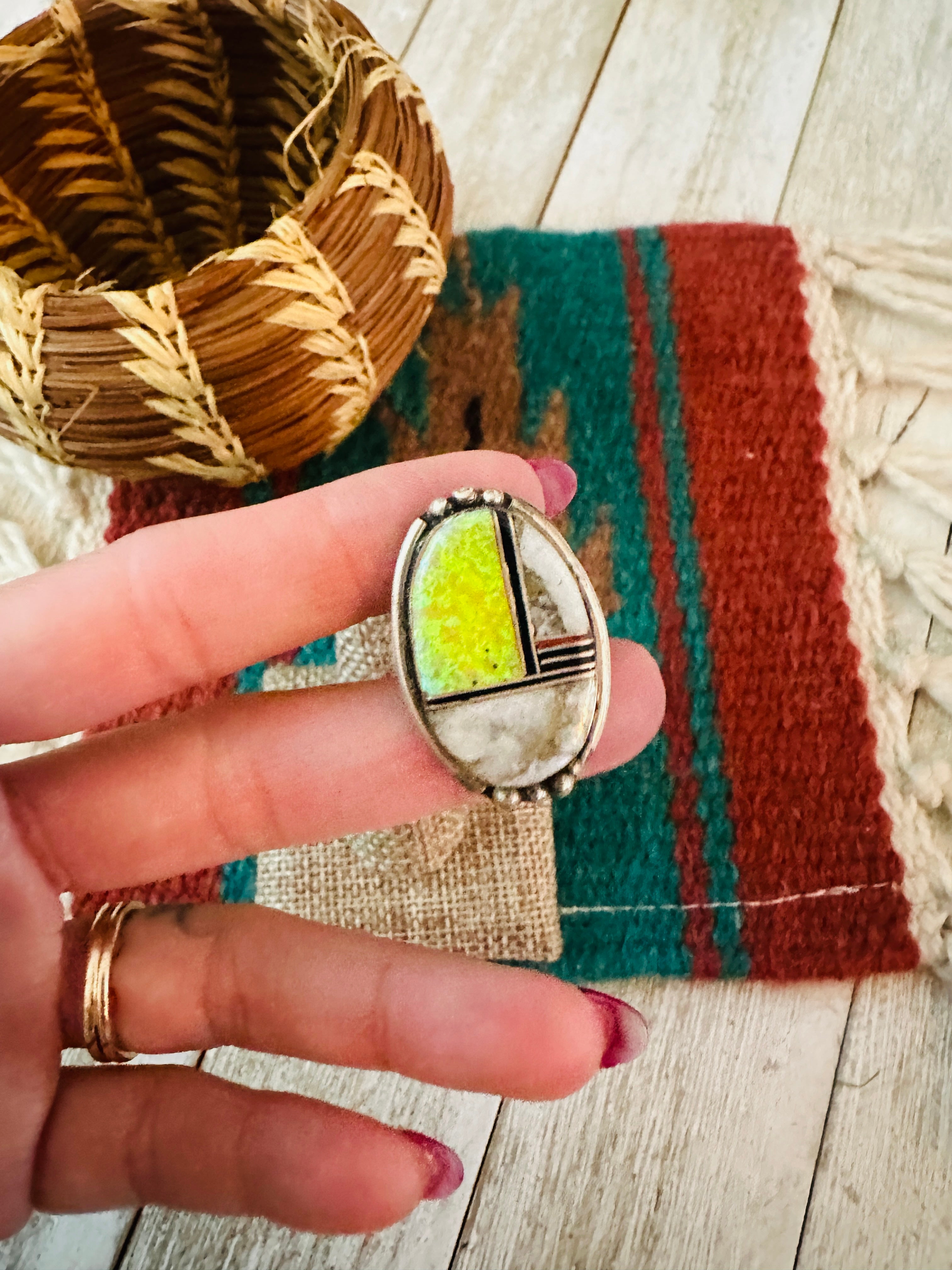 Old Pawn Handcrafted Multi Stone & Sterling Silver Inlay Ring Size 5.5