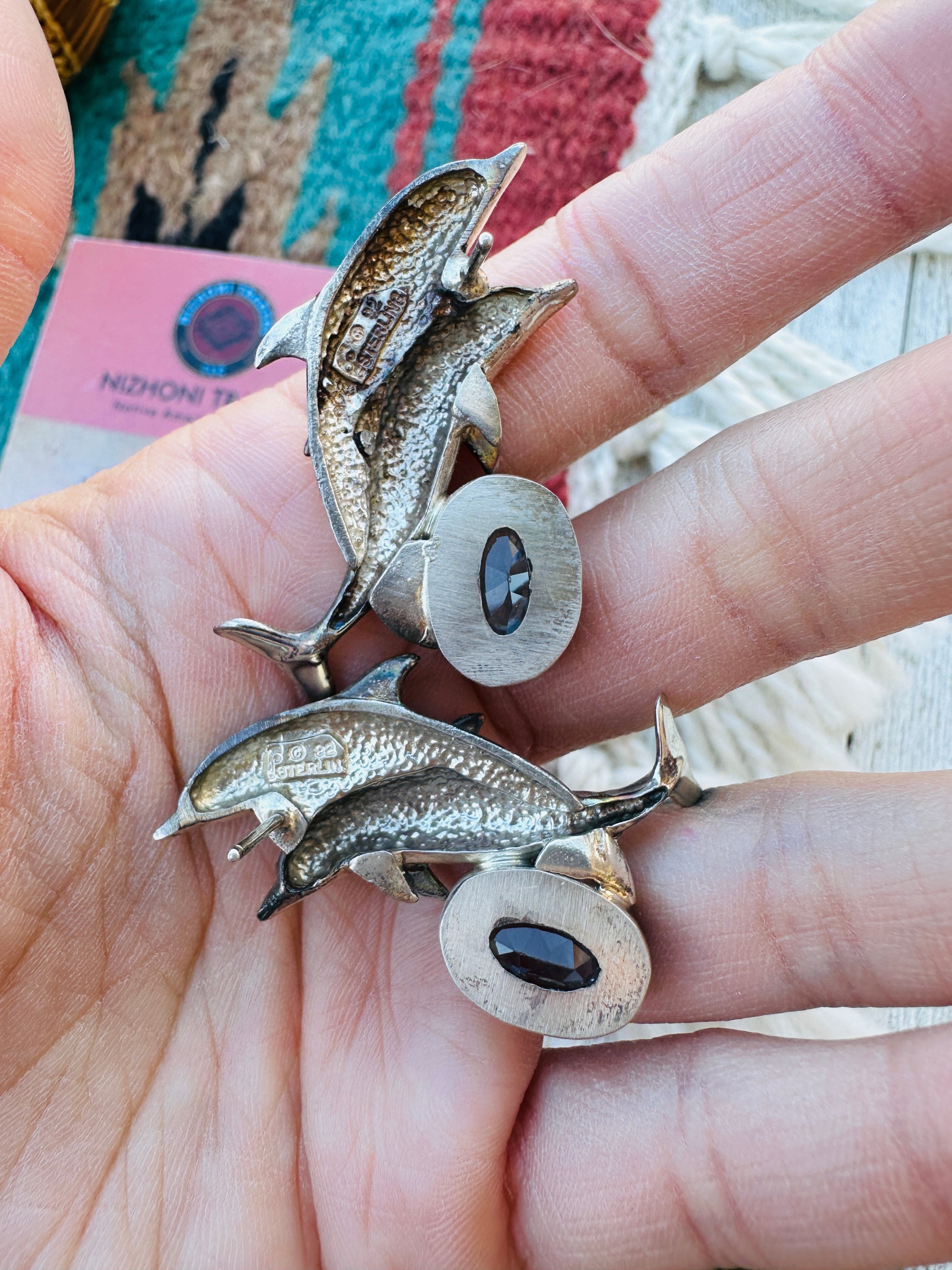 Handcrafted Old Pawn Sterling Silver and Topaz Dolphin Post Earrings