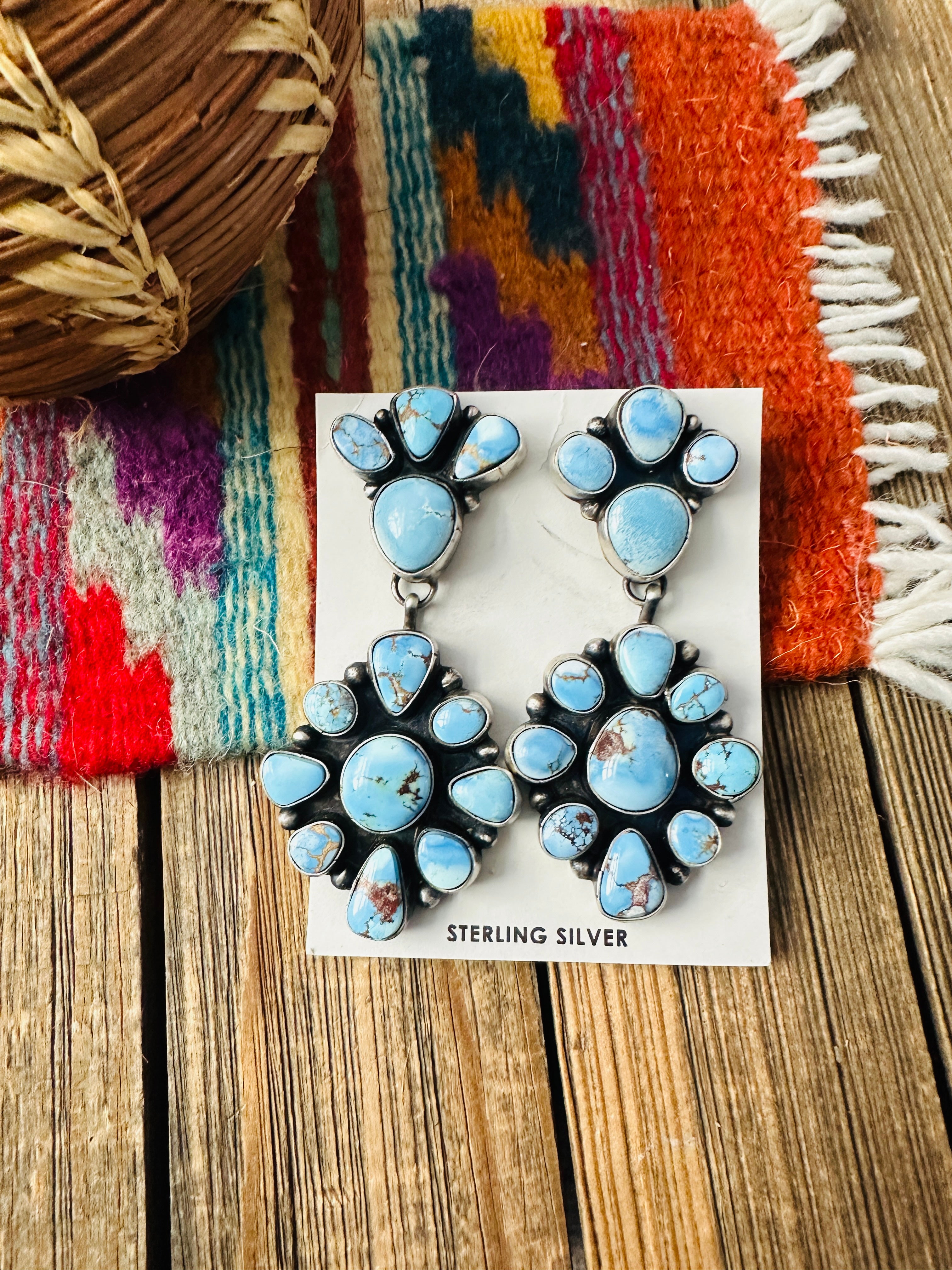 Handcrafted Golden Hills Turquoise & Sterling Silver Cluster Dangle Earrings