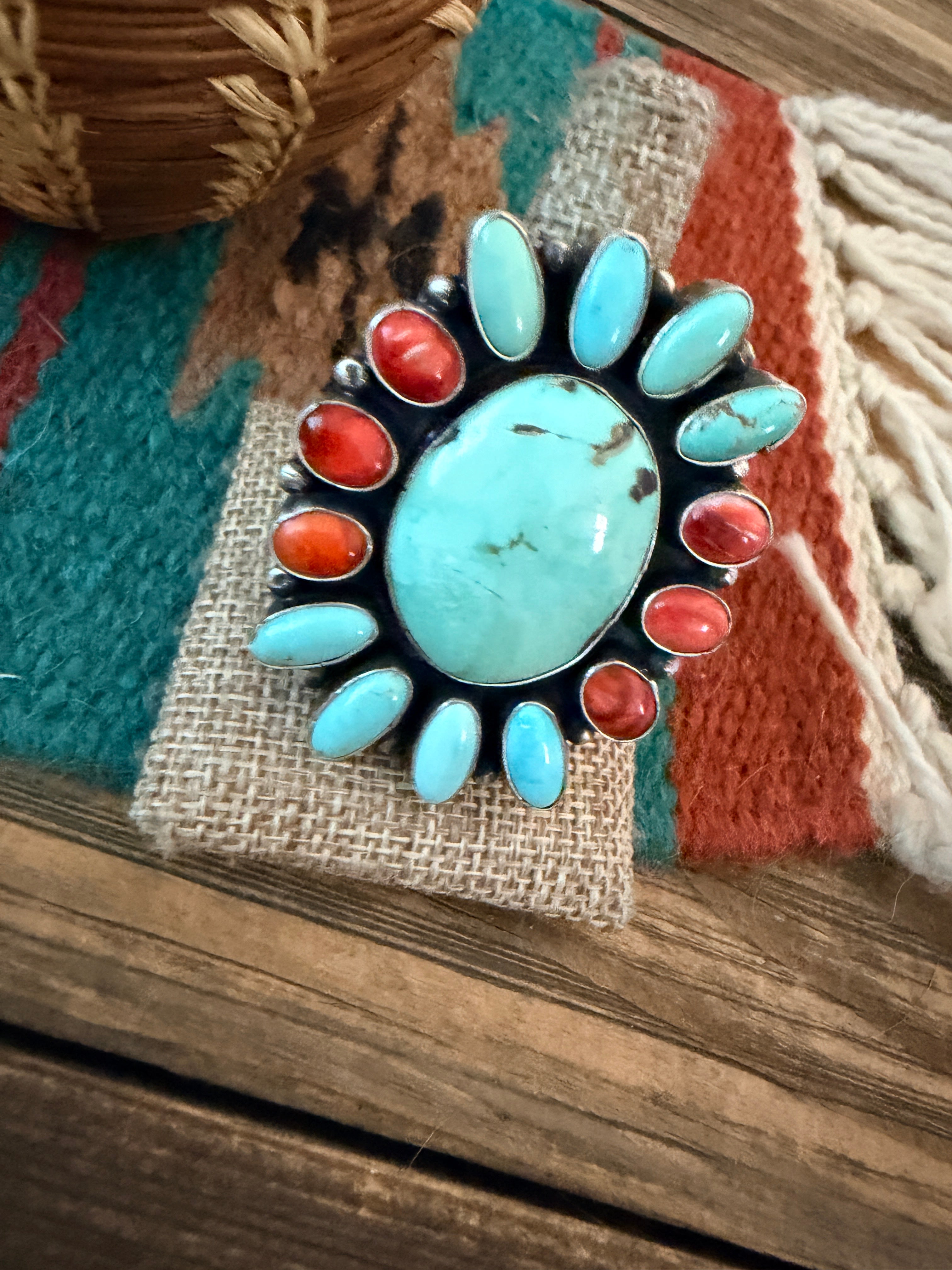 Handcrafted Spiny Oyster, Turquoise & Sterling Silver Cluster Ring by Sheila Becenti Size 11