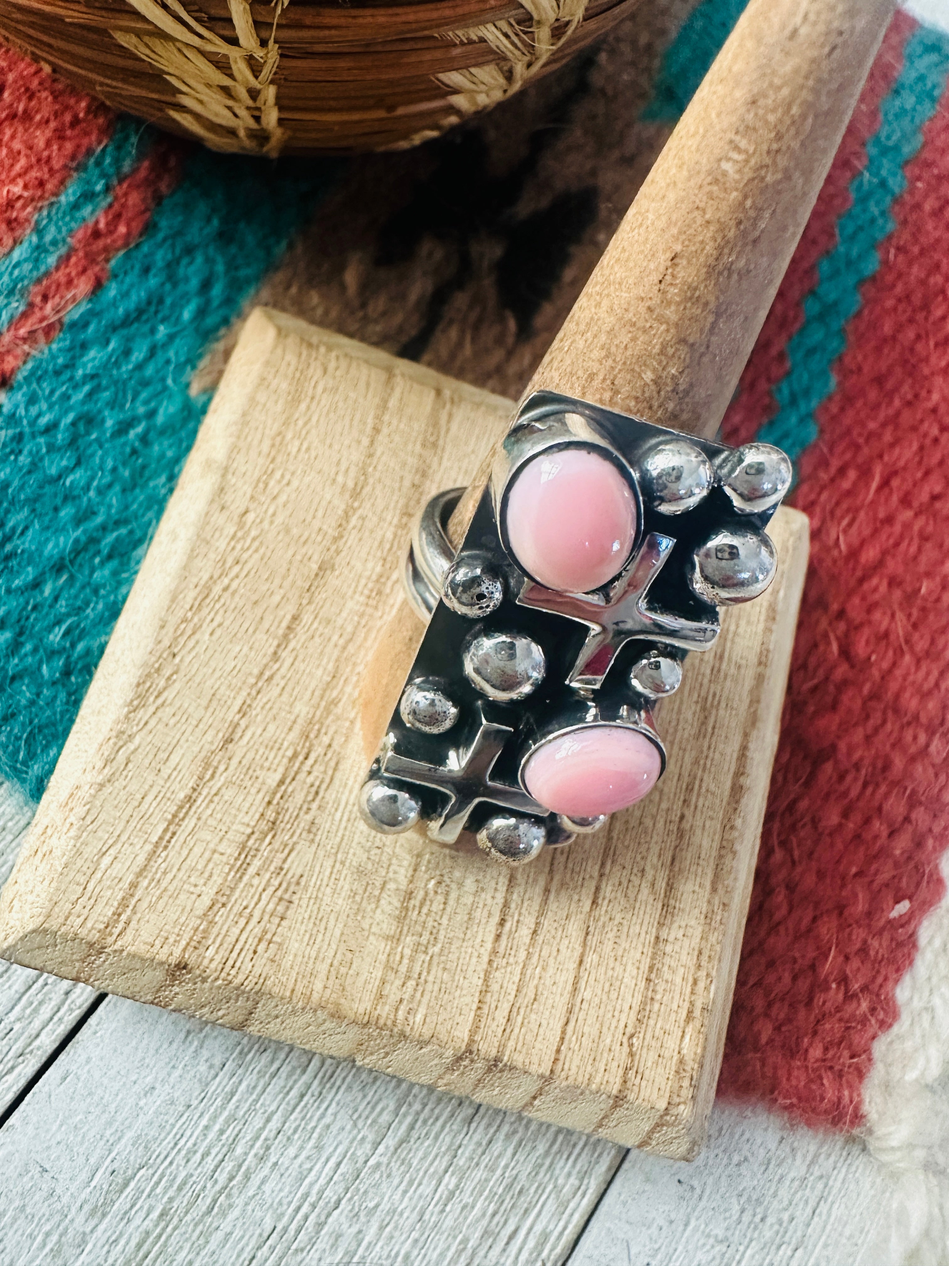 Navajo Queen Pink Conch & Sterling Silver Cross Ring Size 8 by Chimney Butte