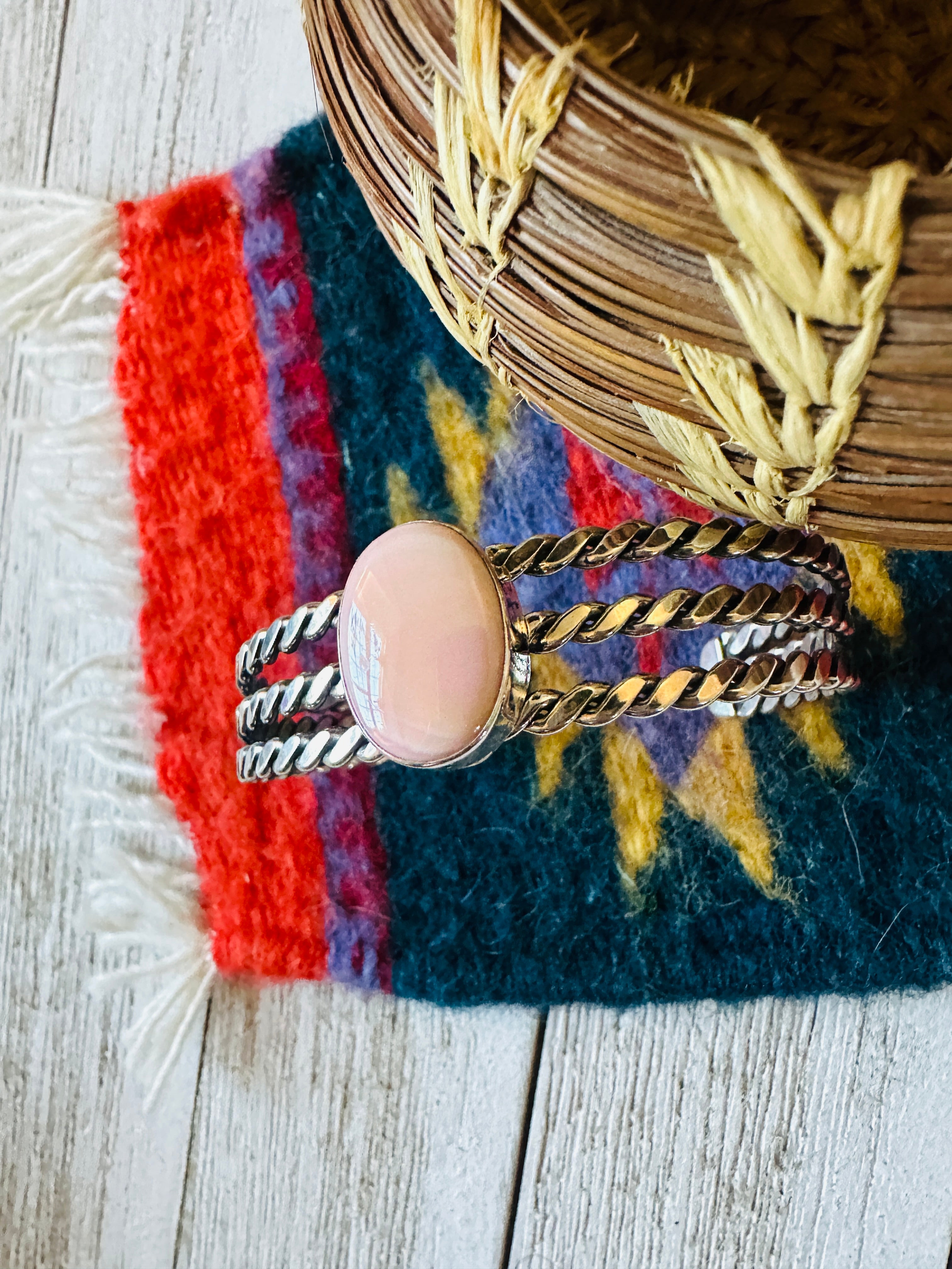 Navajo Queen Pink Conch Shell & Sterling Silver Cuff Bracelet