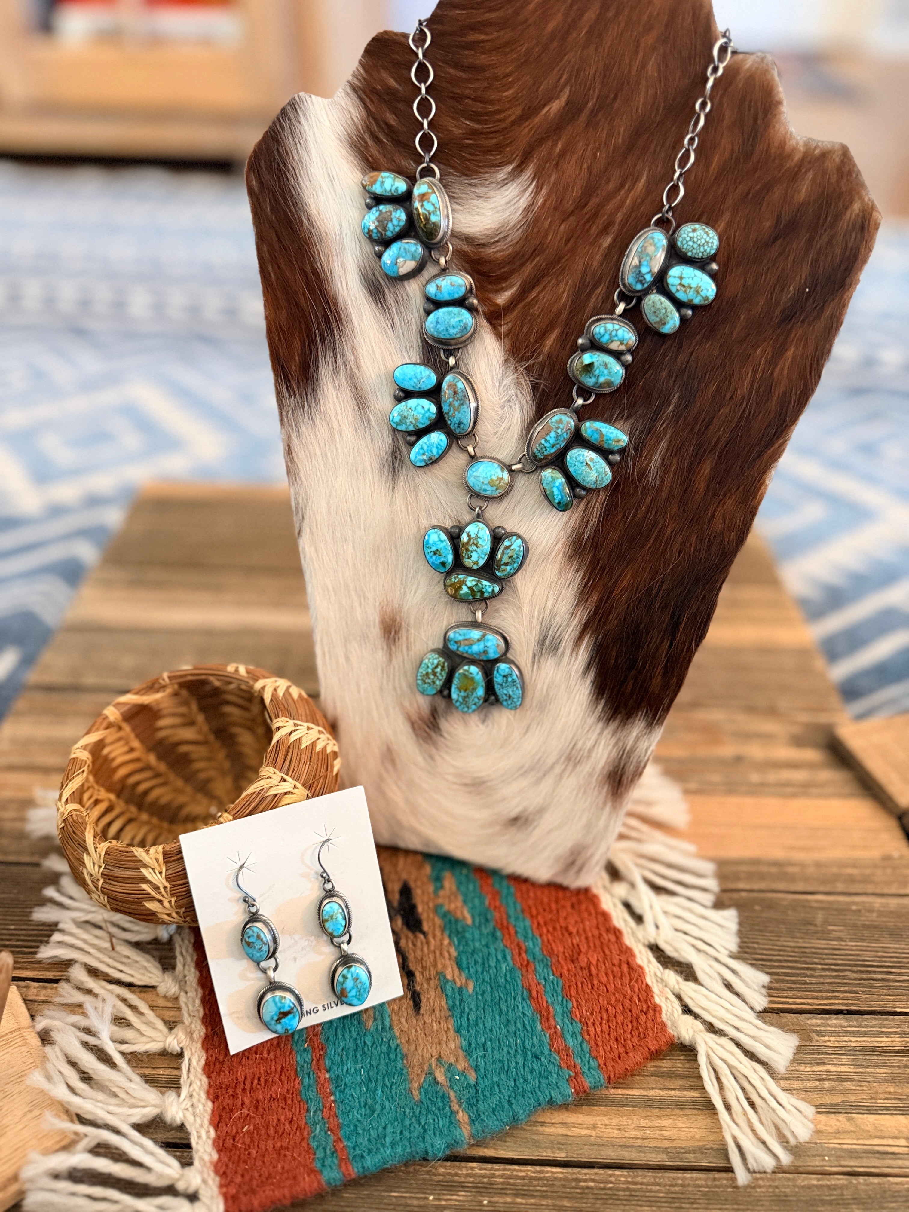 Handcrafted Blue Gem Turquoise & Sterling Silver Necklace and Earring Set by Bobby Johnson
