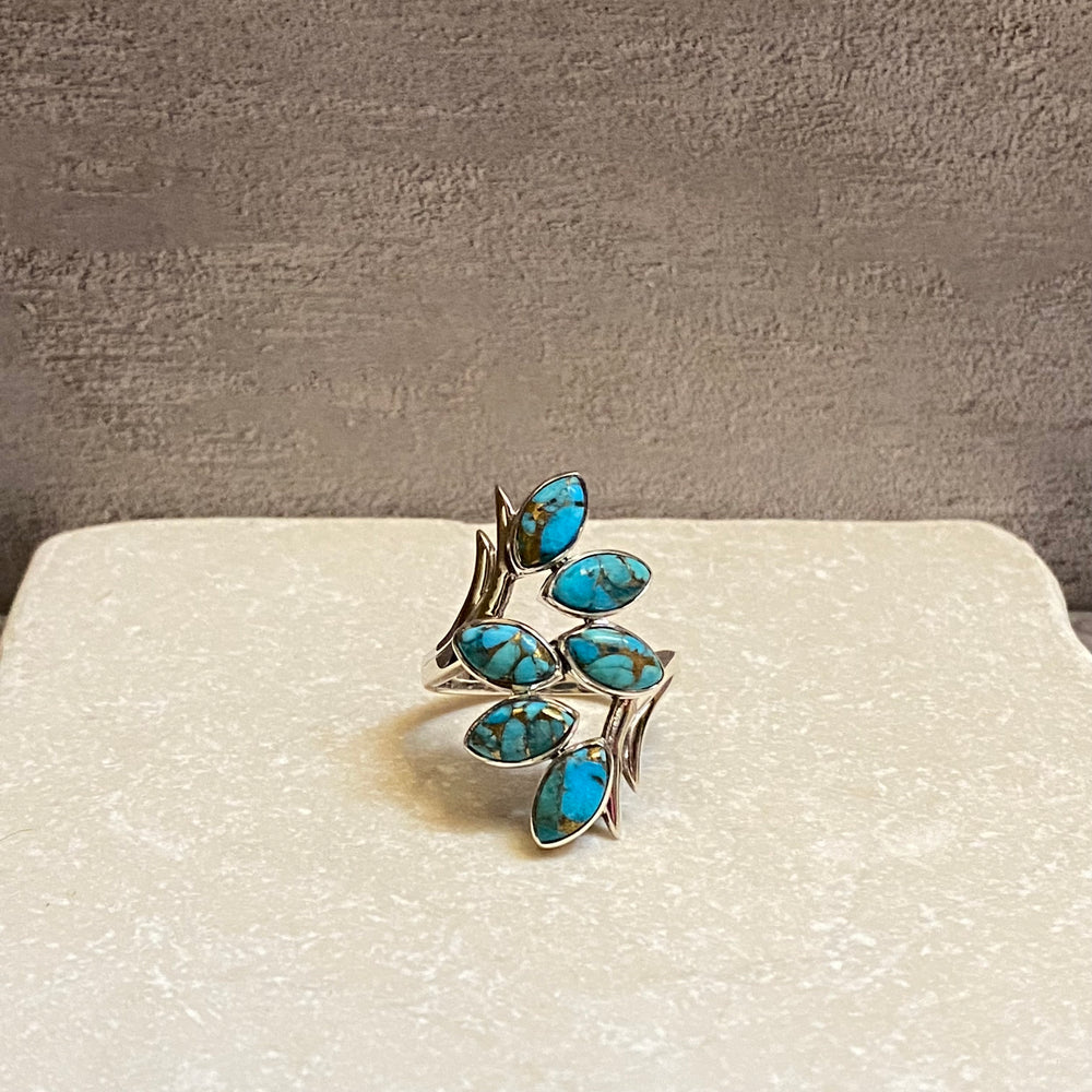 Sterling Silver Six Leaf Copper Turquoise Ring Size 8.75