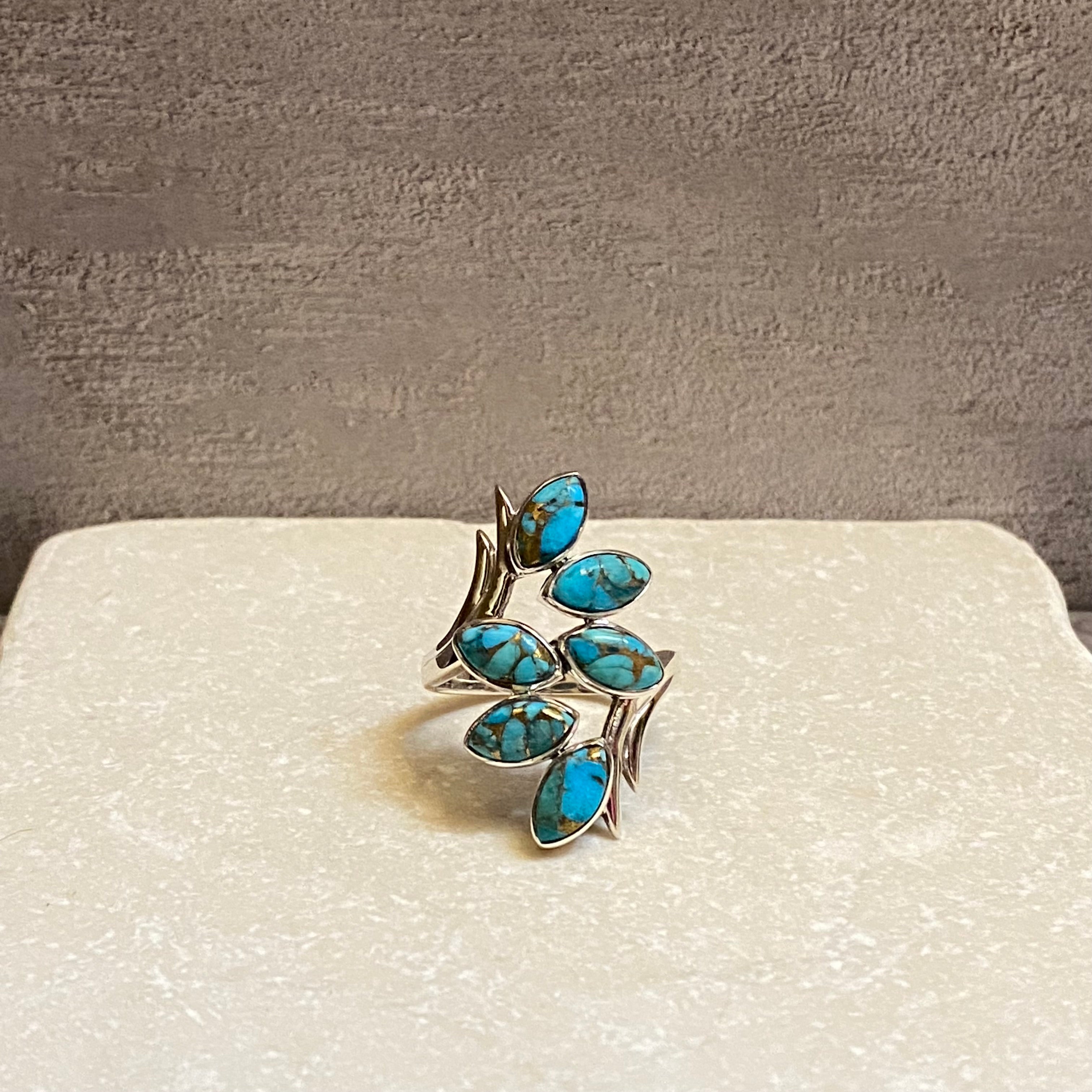 Sterling Silver Six Leaf Copper Turquoise Ring Size 8.75