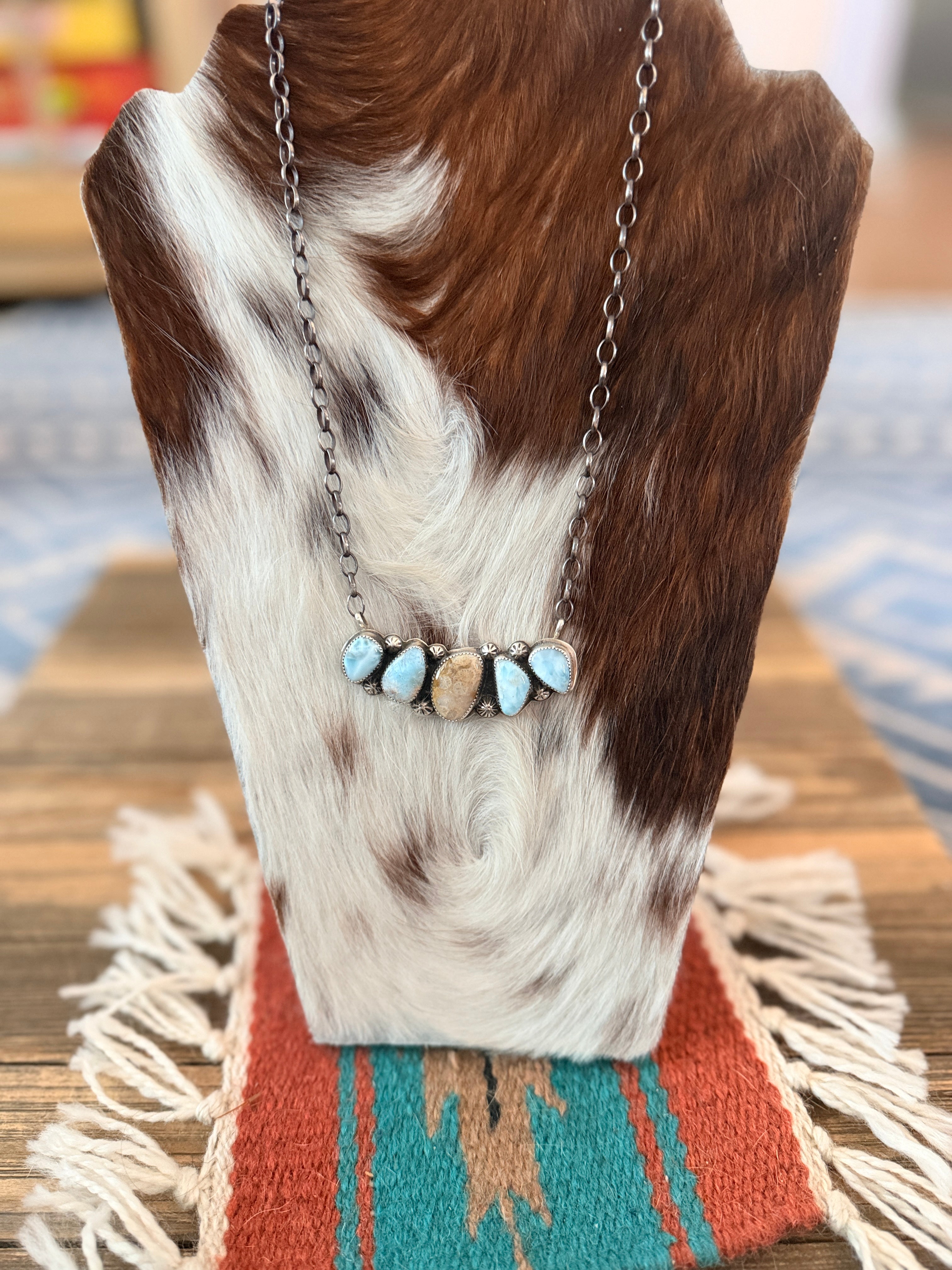 Handmade Sterling Silver, Larimar & Fossilized Coral Necklace Necklace