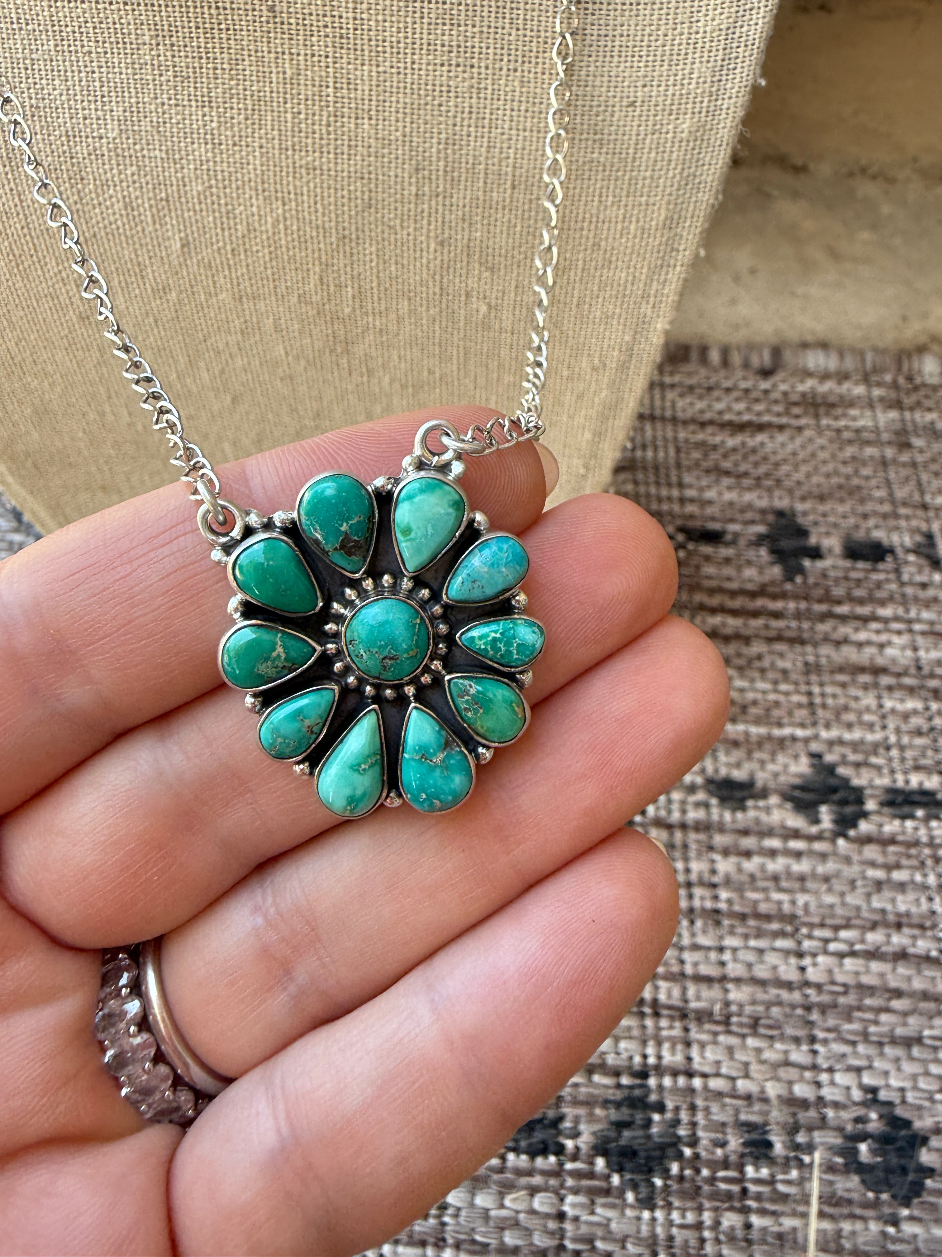 Beautiful Handmade Sterling Silver & Emerald Valley Turquoise Cluster Flower Necklace