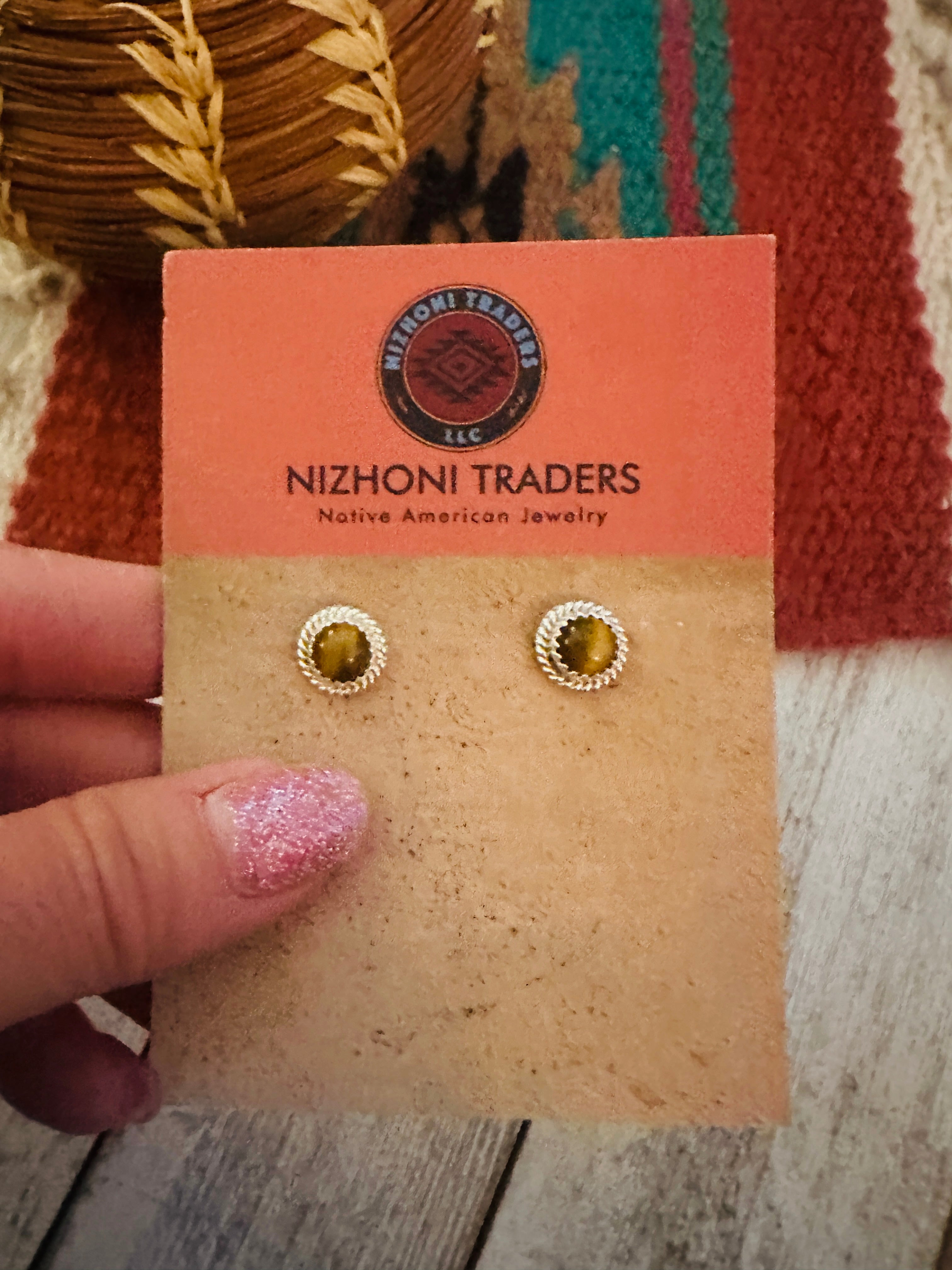 Navajo Tigers Eye and Sterling Silver Stud Earrings