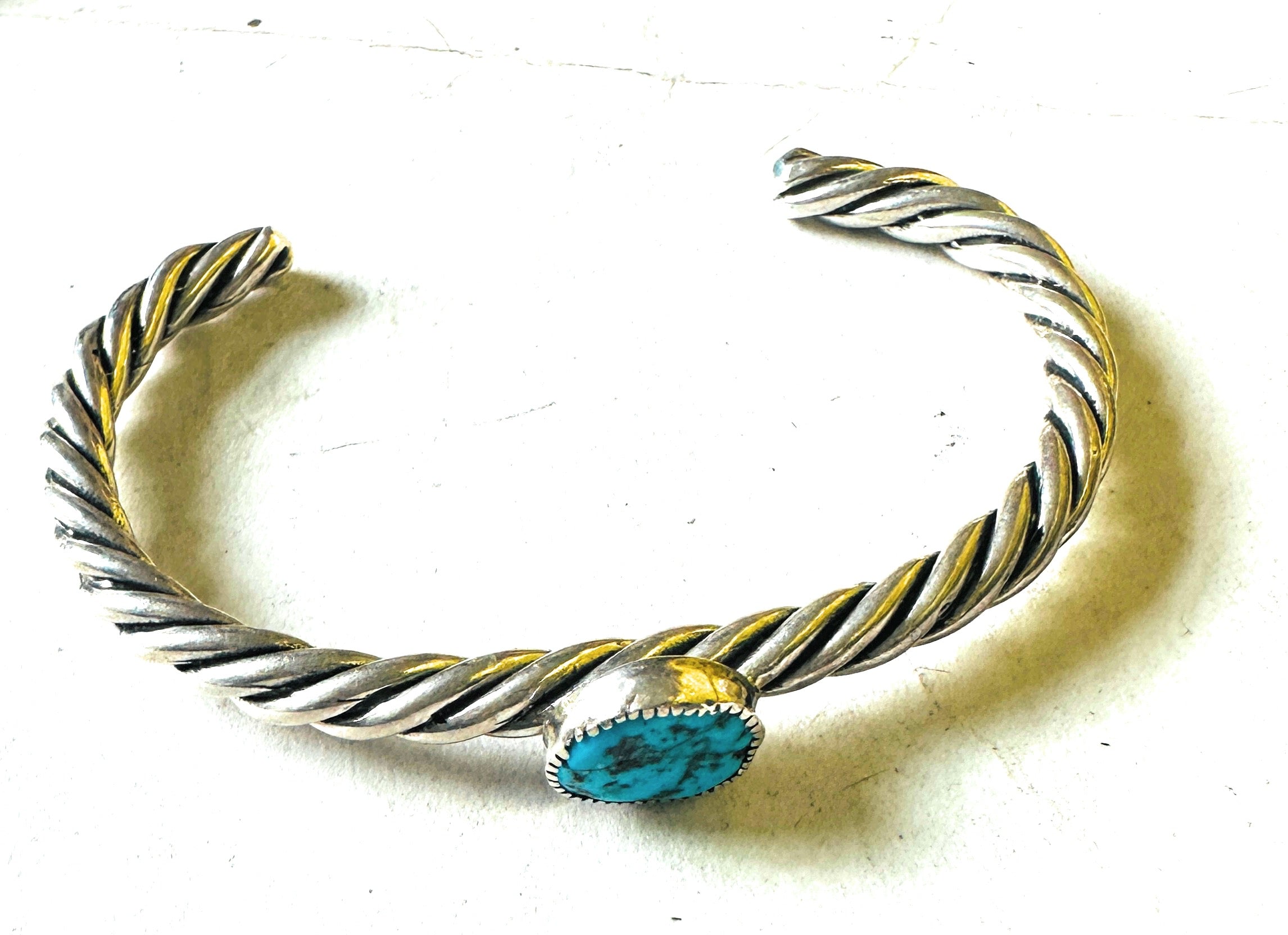 Navajo Twisted Sterling Silver & Kingman Turquoise Cuff Bracelet