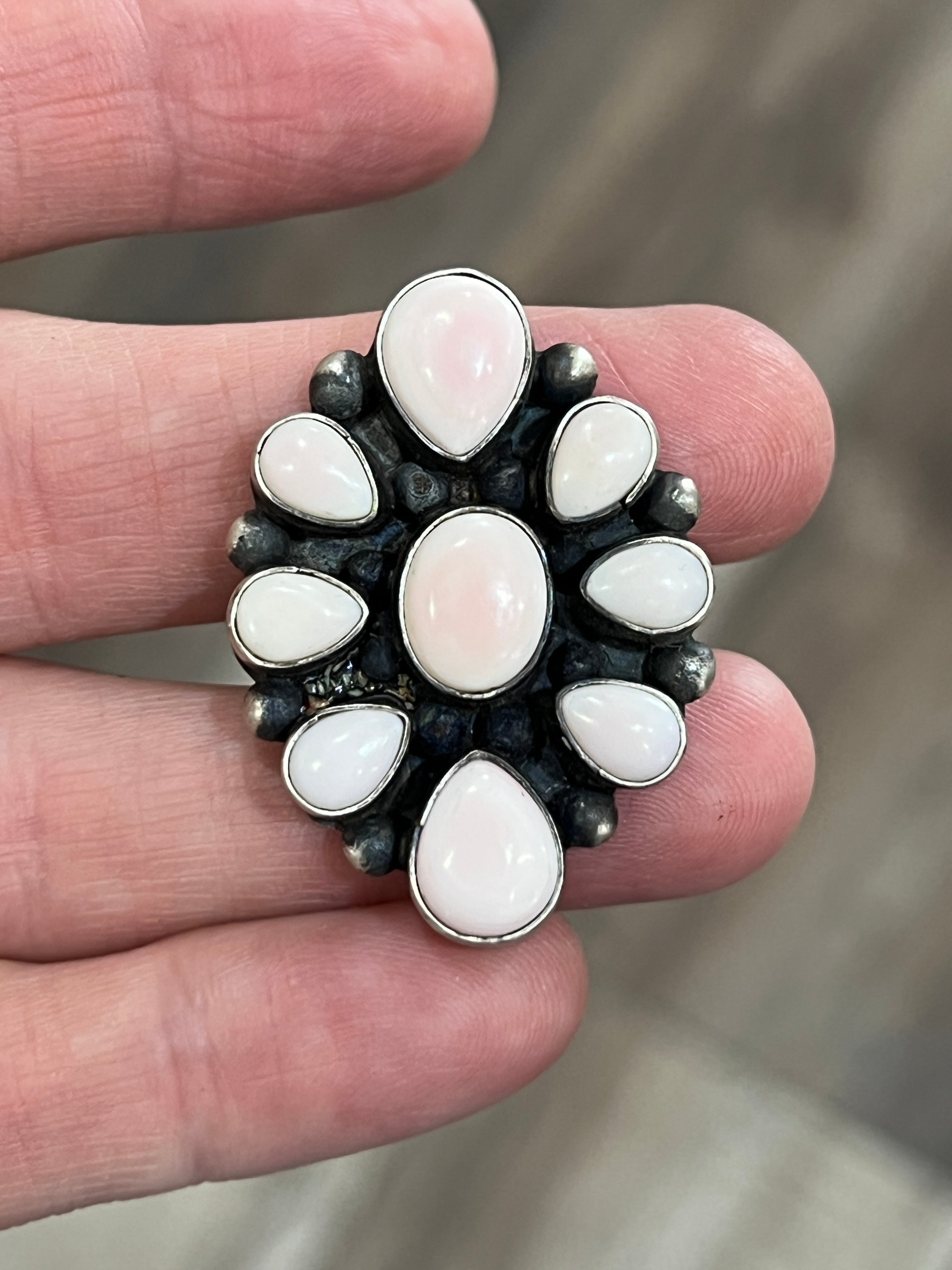 Handcrafted Sterling Silver and Queen Pink Conch Shell Cluster Ring by Travis Jim