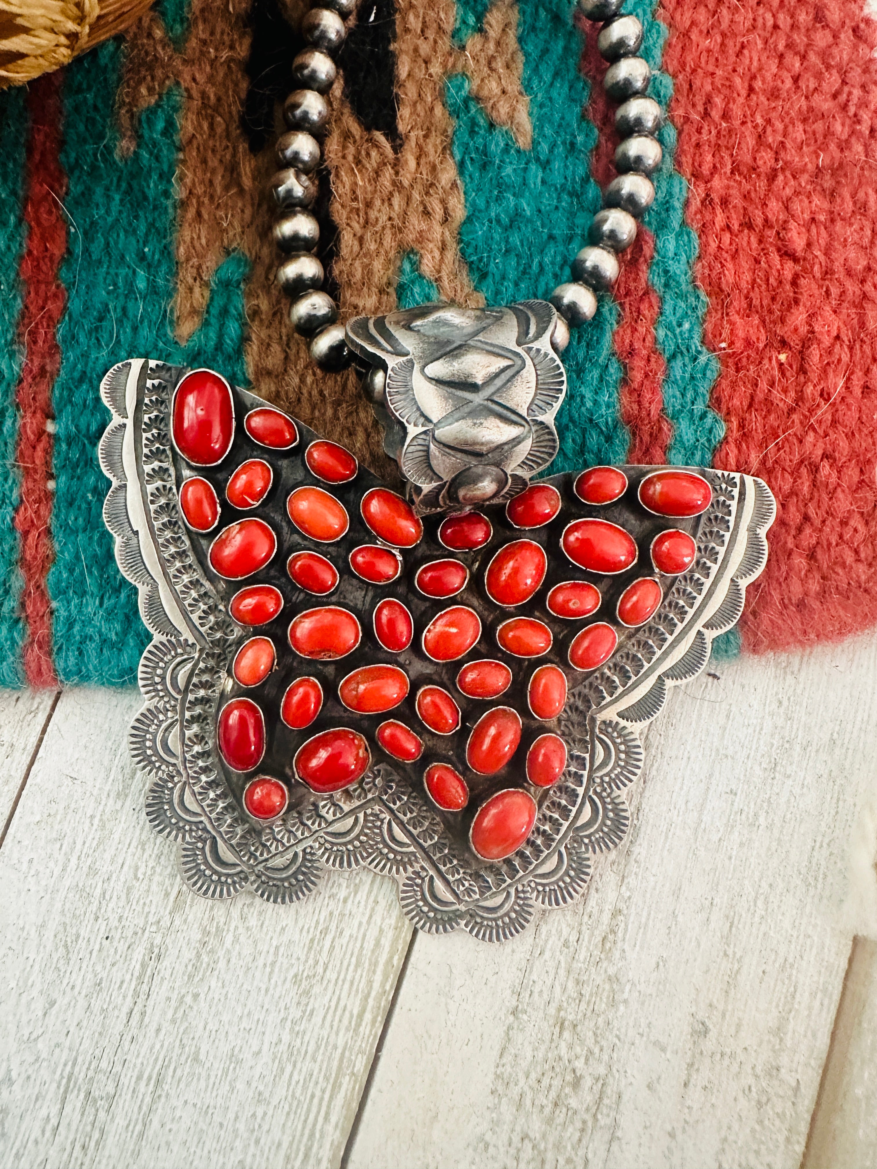 Navajo Sterling Silver & Coral Butterfly Pendant by Shawn Cayatineto