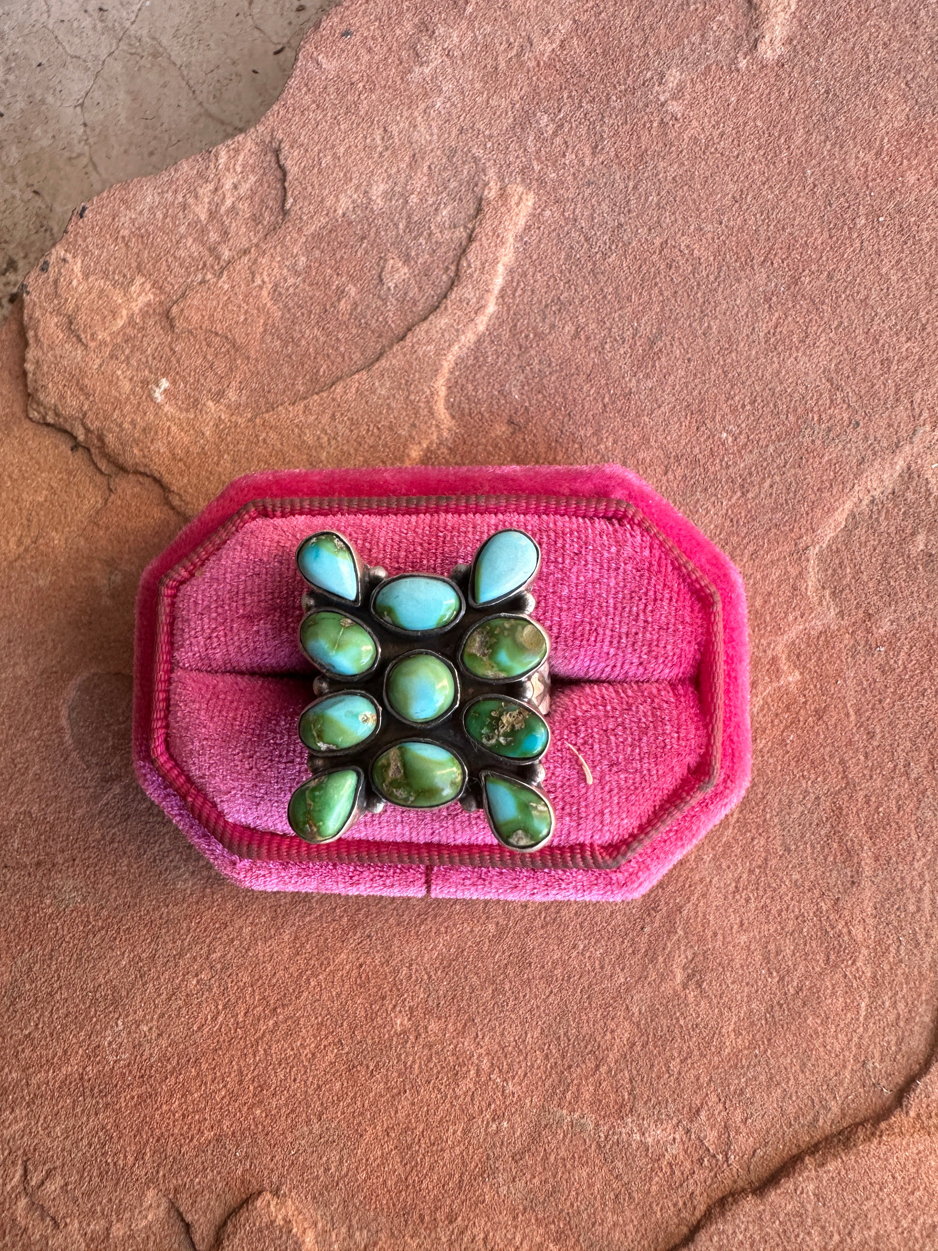 Beautiful Handmade Sonoran Mountain Turquoise And Sterling Silver Cluster Adjustable Ring