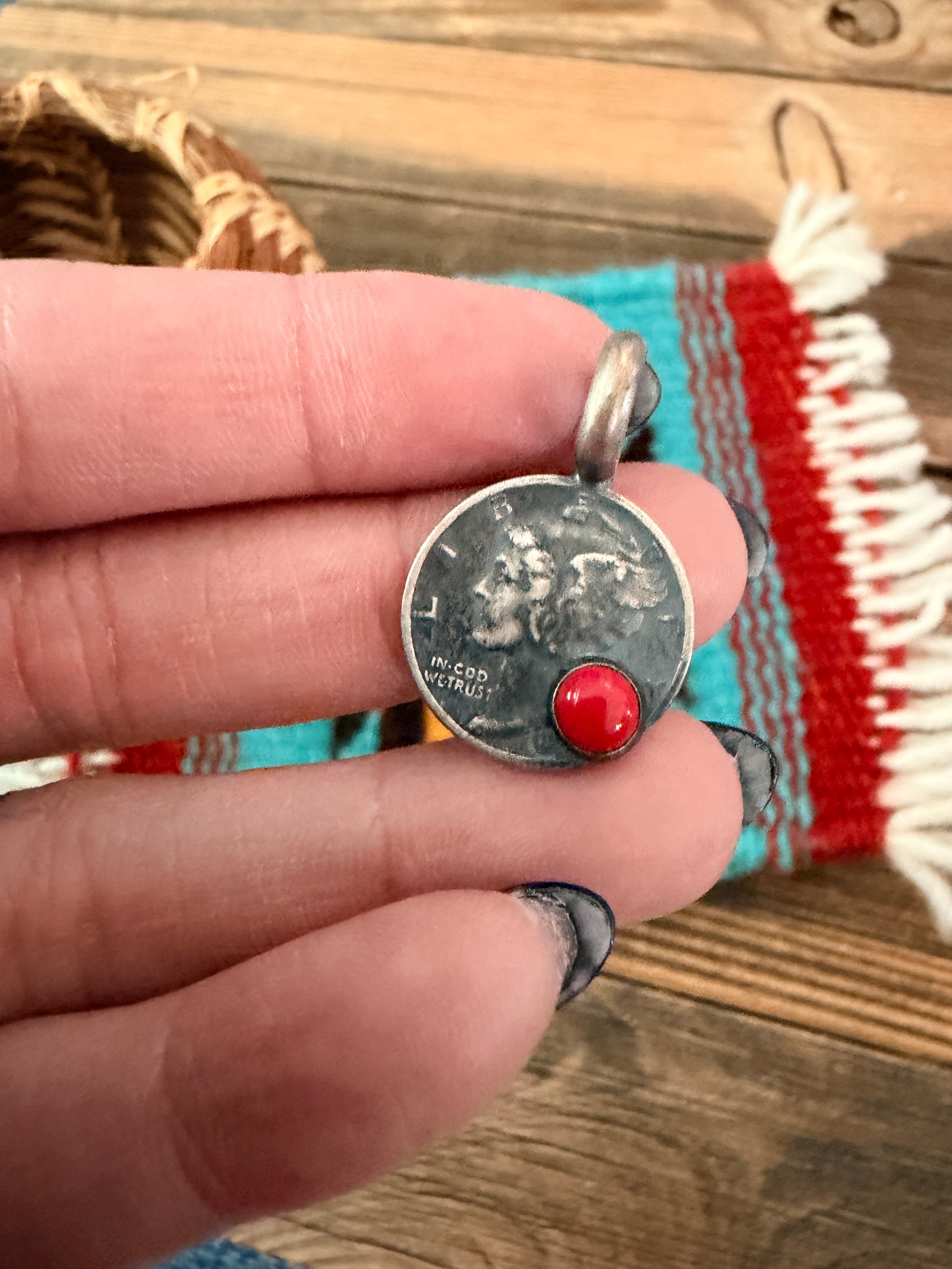 Handcrafted Sterling Silver & Coral Liberty Dime Pendant
