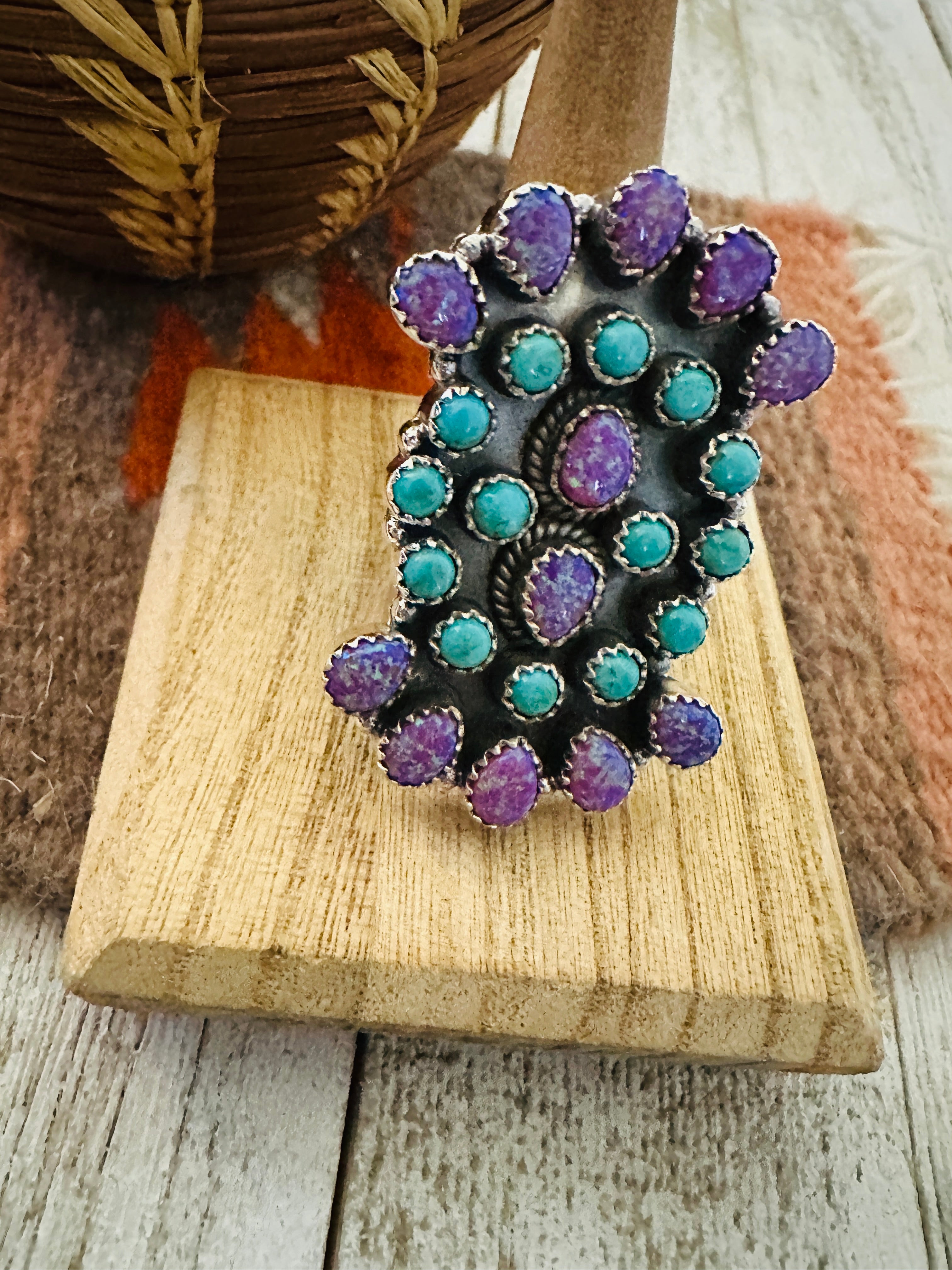 Handmade Sterling Silver, Turquoise & Purple Opal Cluster Adjustable Ring by Nizhoni