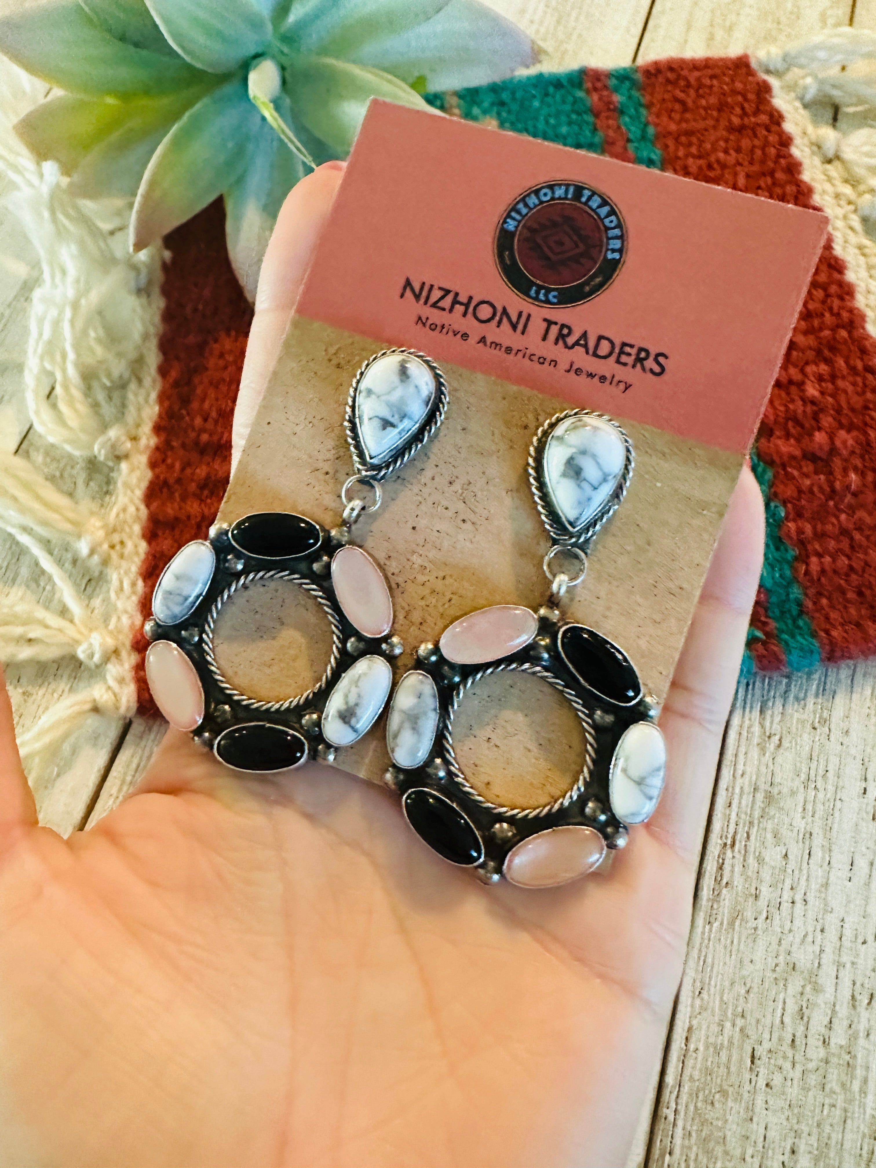 Navajo White Buffalo, Onyx, Mother of Pearl and Sterling Silver Dangle Earrings